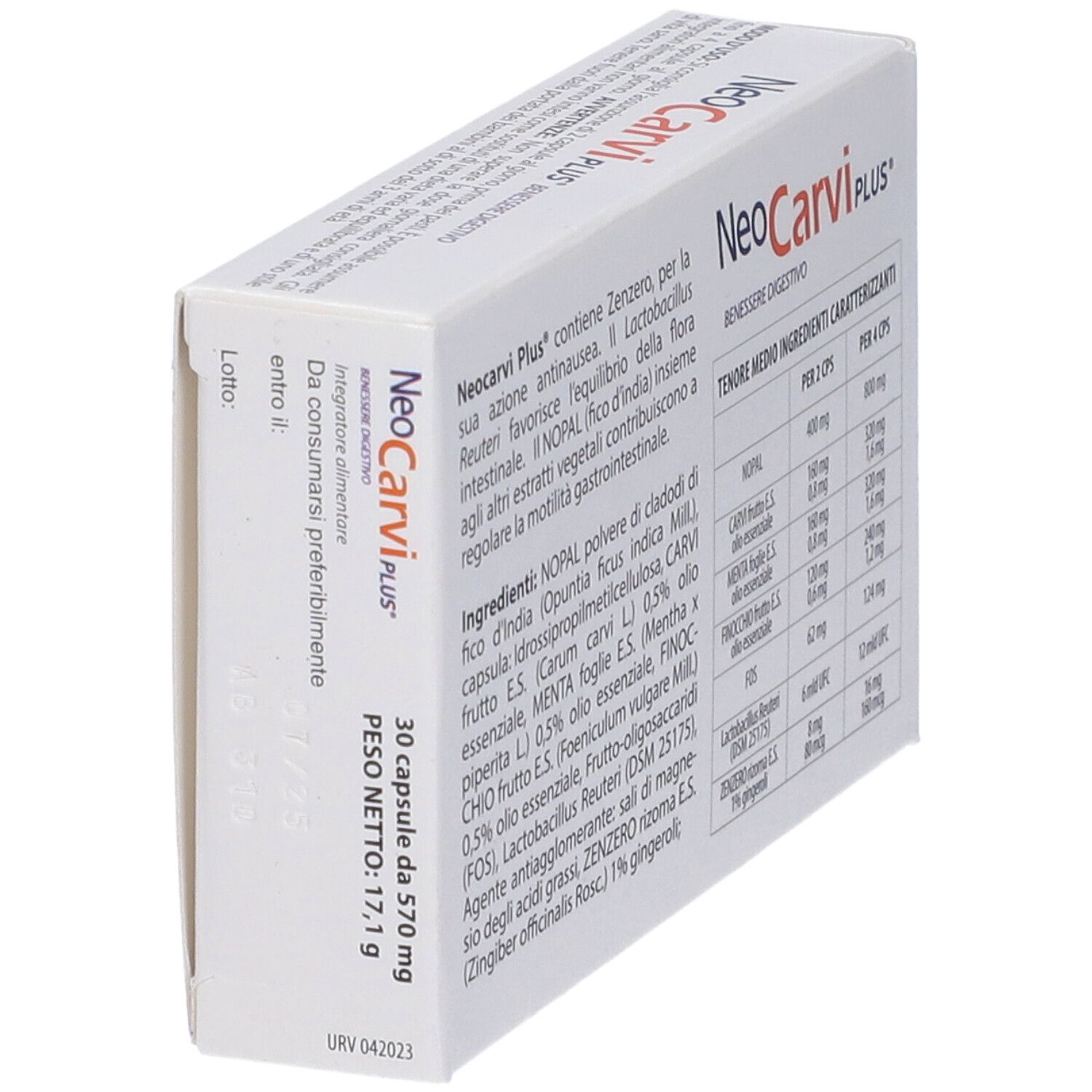 Retro della scatola NeoCarvi PLUS. Contiene informazioni sugli ingredienti e i valori nutrizionali. Testo in italiano.