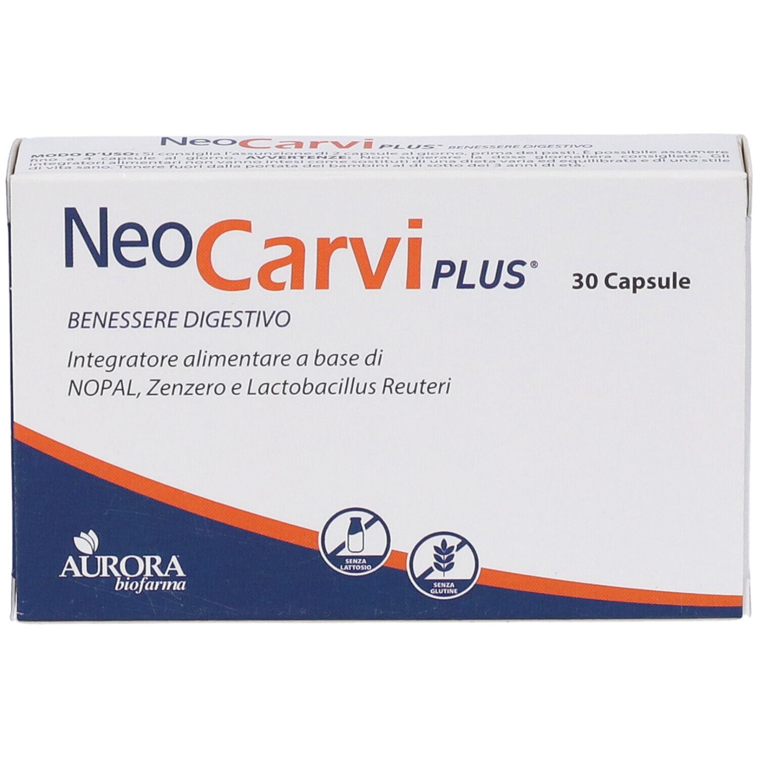 Scatola NeoCarvi PLUS, 30 capsule. Scritta: BENEESERE DIGESTIVO. Logo Aurora biofarma.