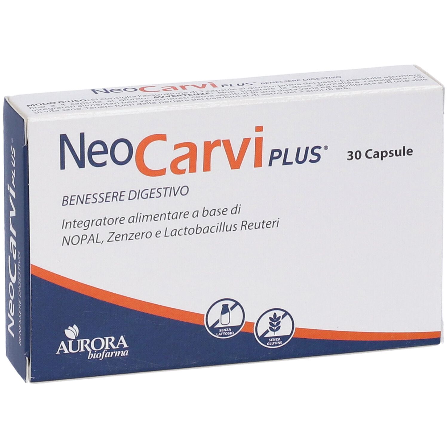 Scatola NeoCarvi PLUS, 30 capsule. Scritta: BENEESERE DIGESTIVO. Logo Aurora biofarma.