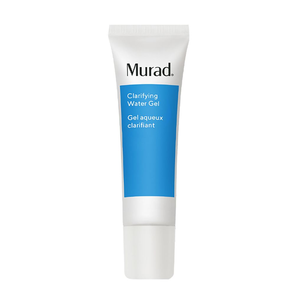 Tubo bianco con banda blu. Scritta: Murad, Clarifying Water Gel. Gel per il viso.