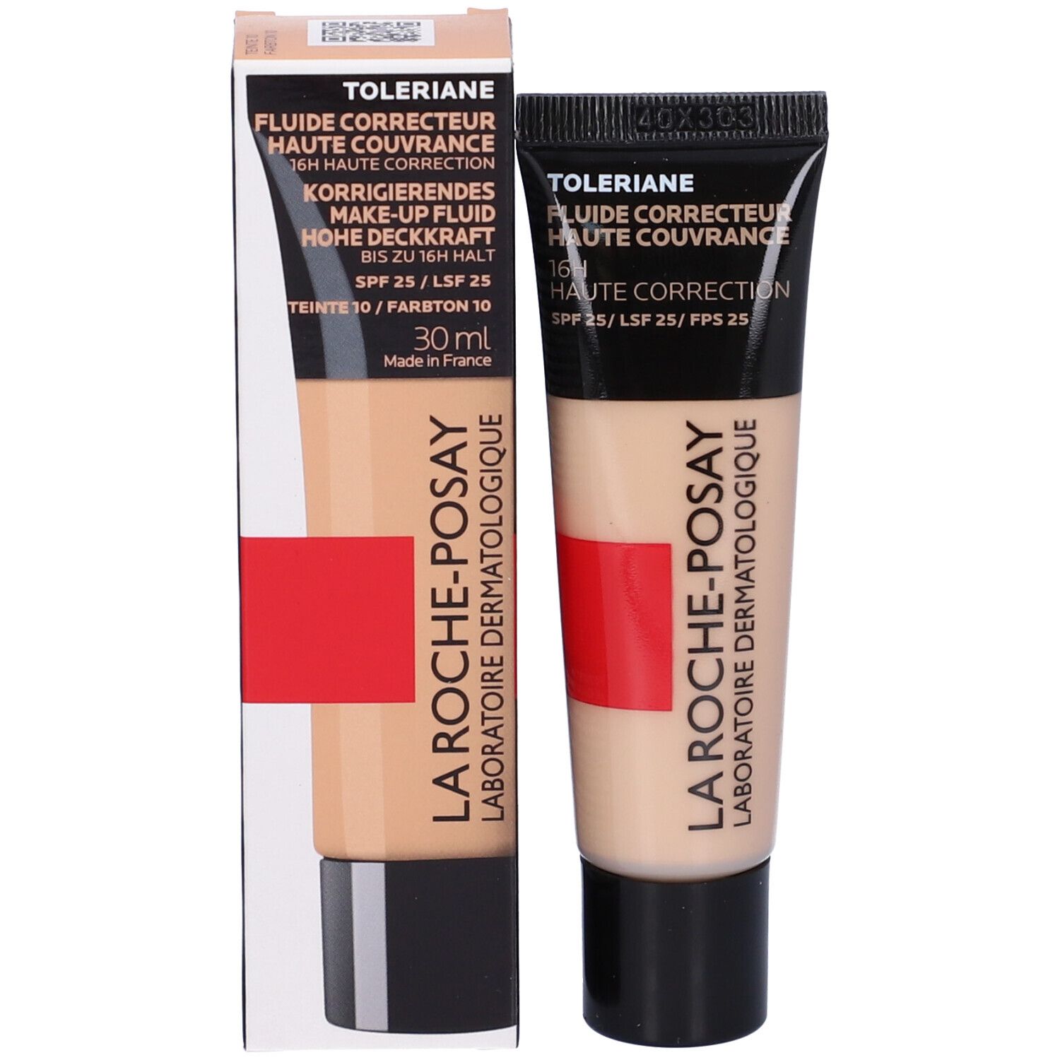 La Roche-Posay Toleriane Fondotinta Fluido in confezione. Tubo e scatola. Tinta 10. 30ml. SPF 25.