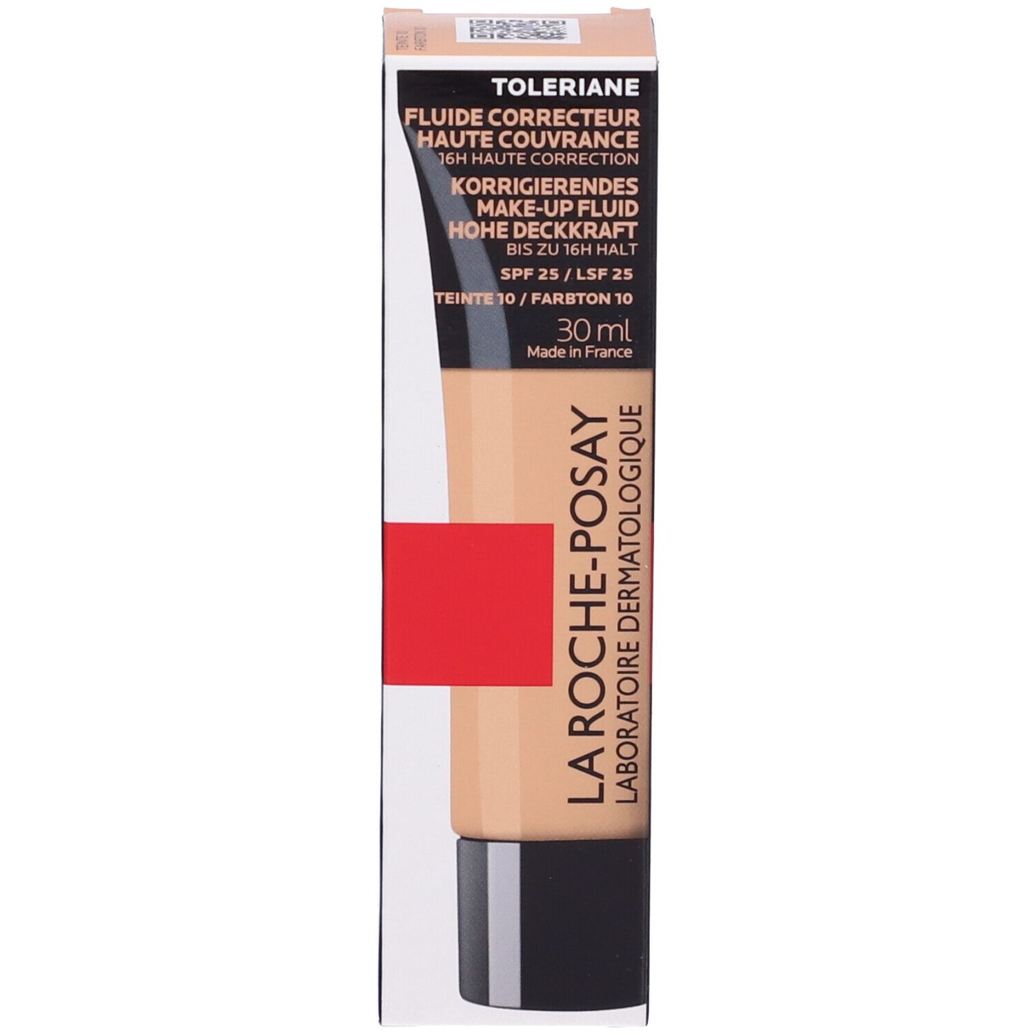 La Roche-Posay Toleriane Fondotinta Fluido in confezione. Tubo e scatola. Tinta 10. 30ml. SPF 25.