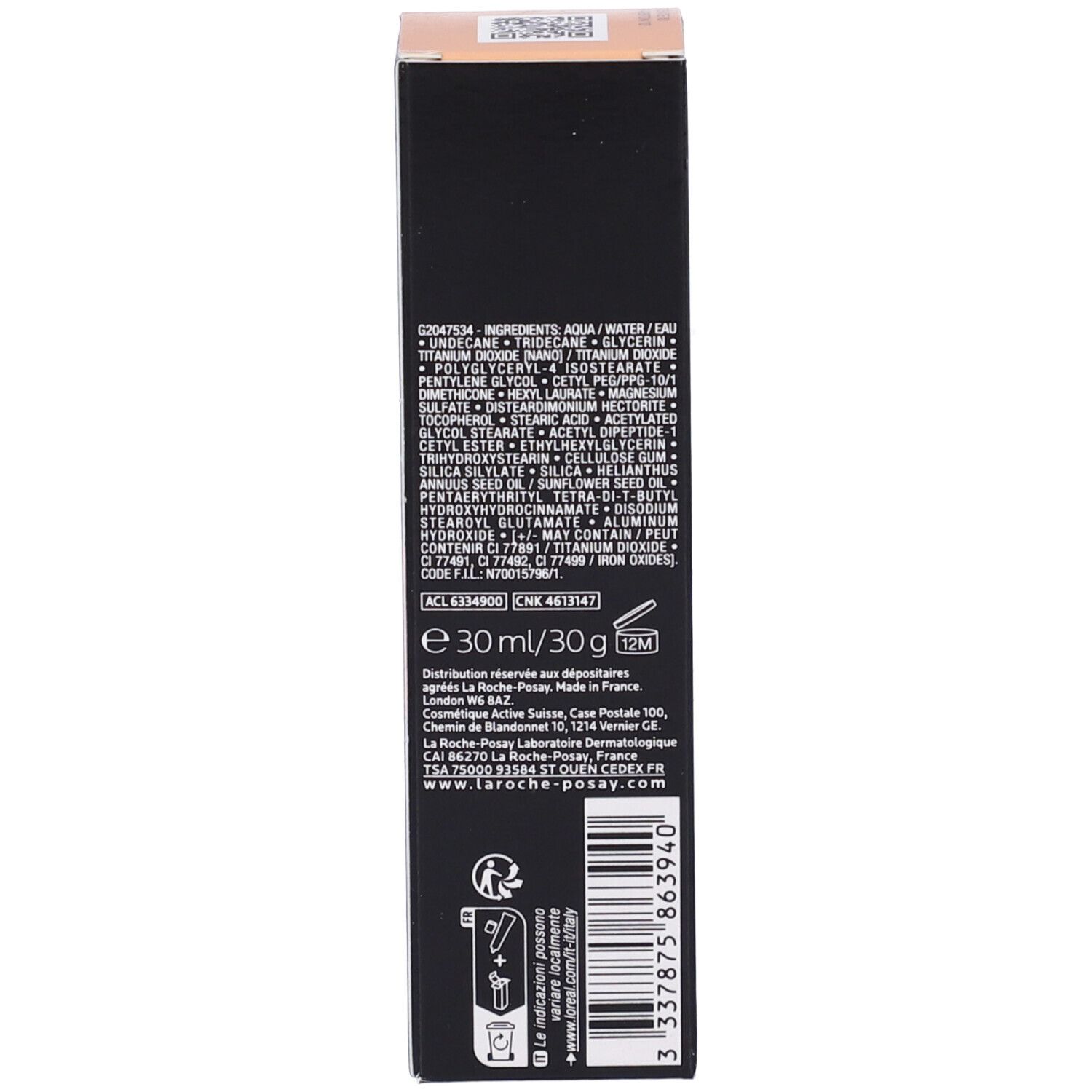 Confezione La Roche-Posay Toleriane Fondotinta Fluido. Ingredienti, numero di lotto, paese di fabbricazione, 30ml.