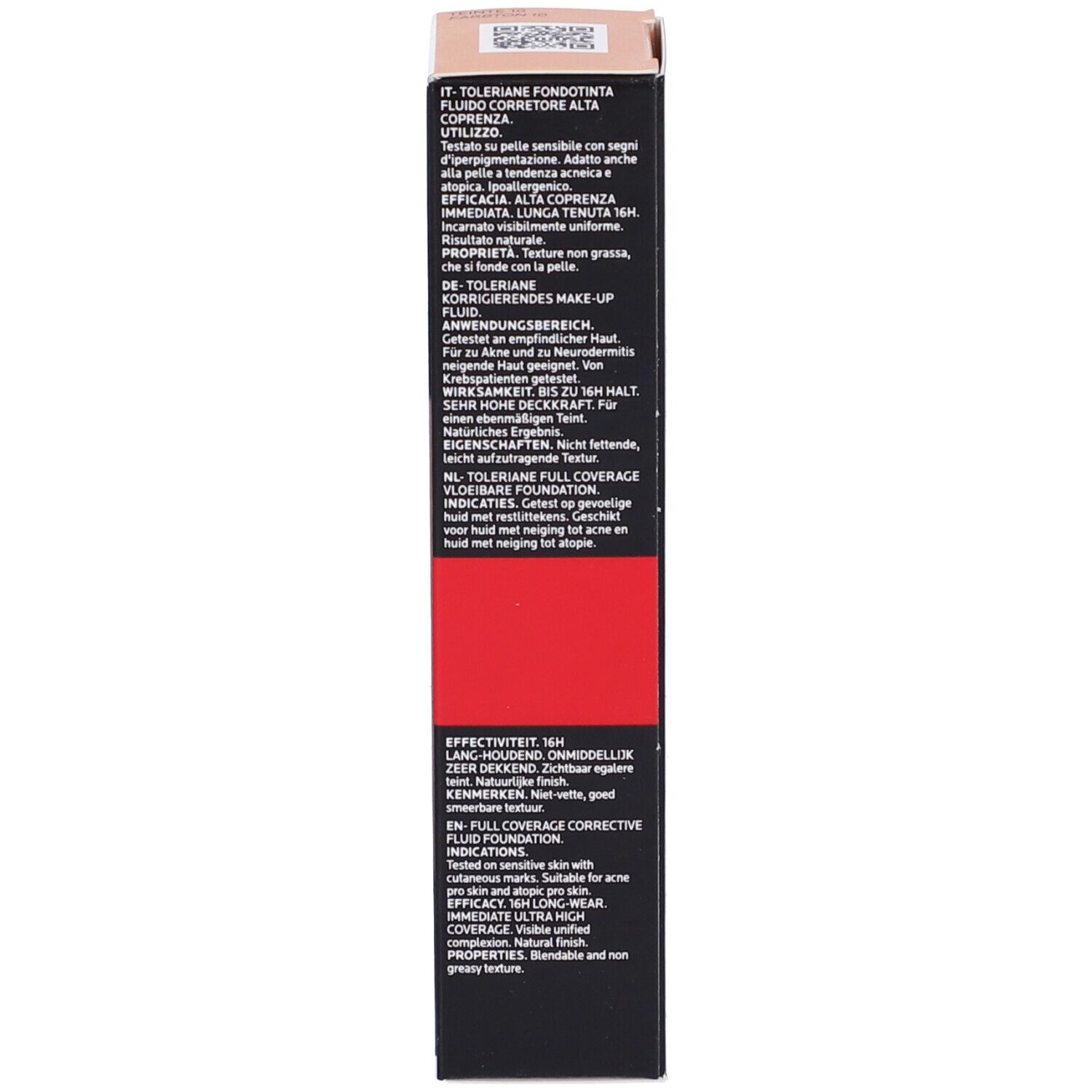 Confezione La Roche-Posay Toleriane Fondotinta Fluido. Descrizione multilingue. Tenuta 16h.