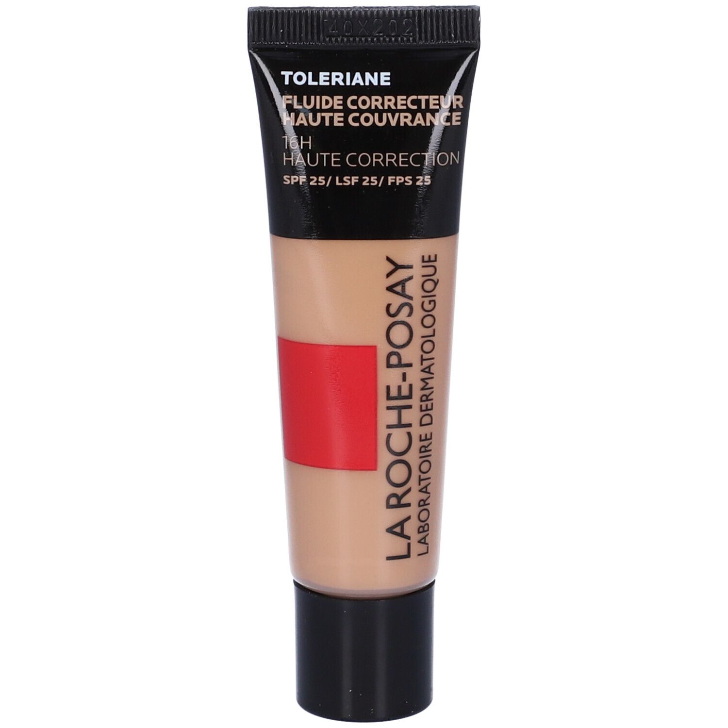 Tubo La Roche-Posay Toleriane Fondotinta Fluido Correttore. Beige, striscia rossa, tappo nero. Testo: SPF 25.