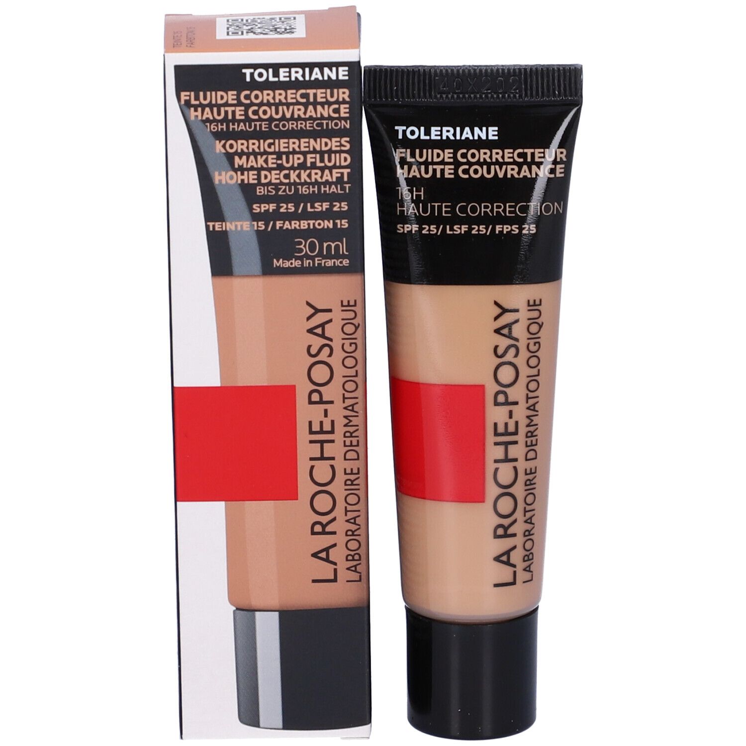 Confezione La Roche-Posay Toleriane Fondotinta. Tubo e scatola. Beige, striscia rossa, tappo nero.