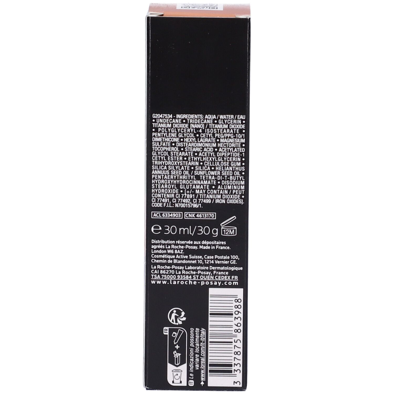 Retro della confezione La Roche-Posay Toleriane Fondotinta. Testo e ingredienti.