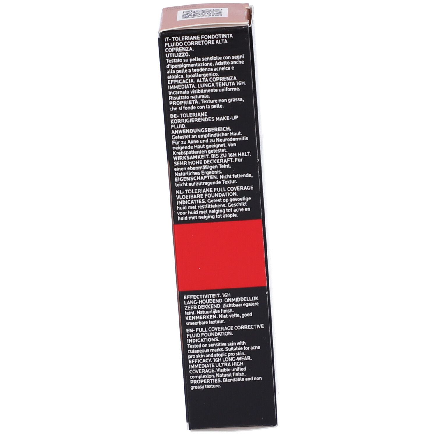 Lato della confezione La Roche-Posay Toleriane Fondotinta. Testo e codice a barre. Rosa e beige.