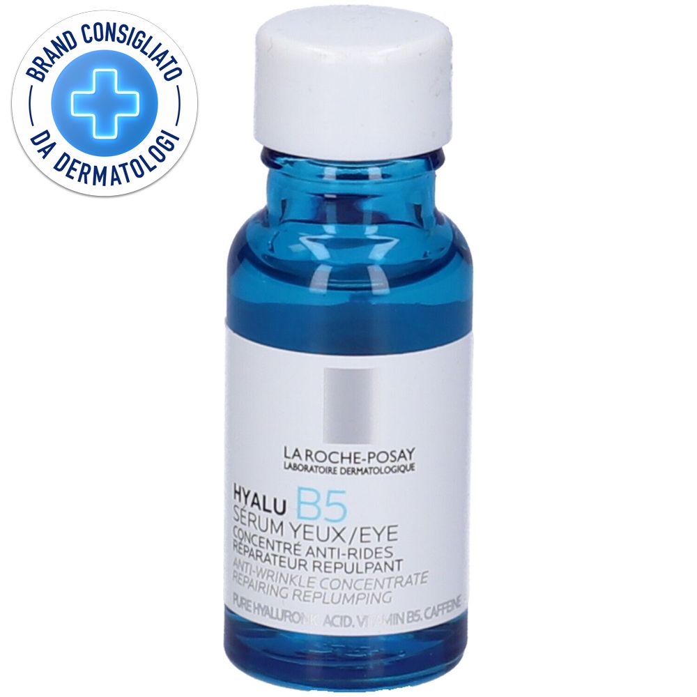Flacone di vetro blu con tappo bianco. Etichetta con informazioni sul prodotto. Logo 'Brand Consigliato da Dermatologi'.