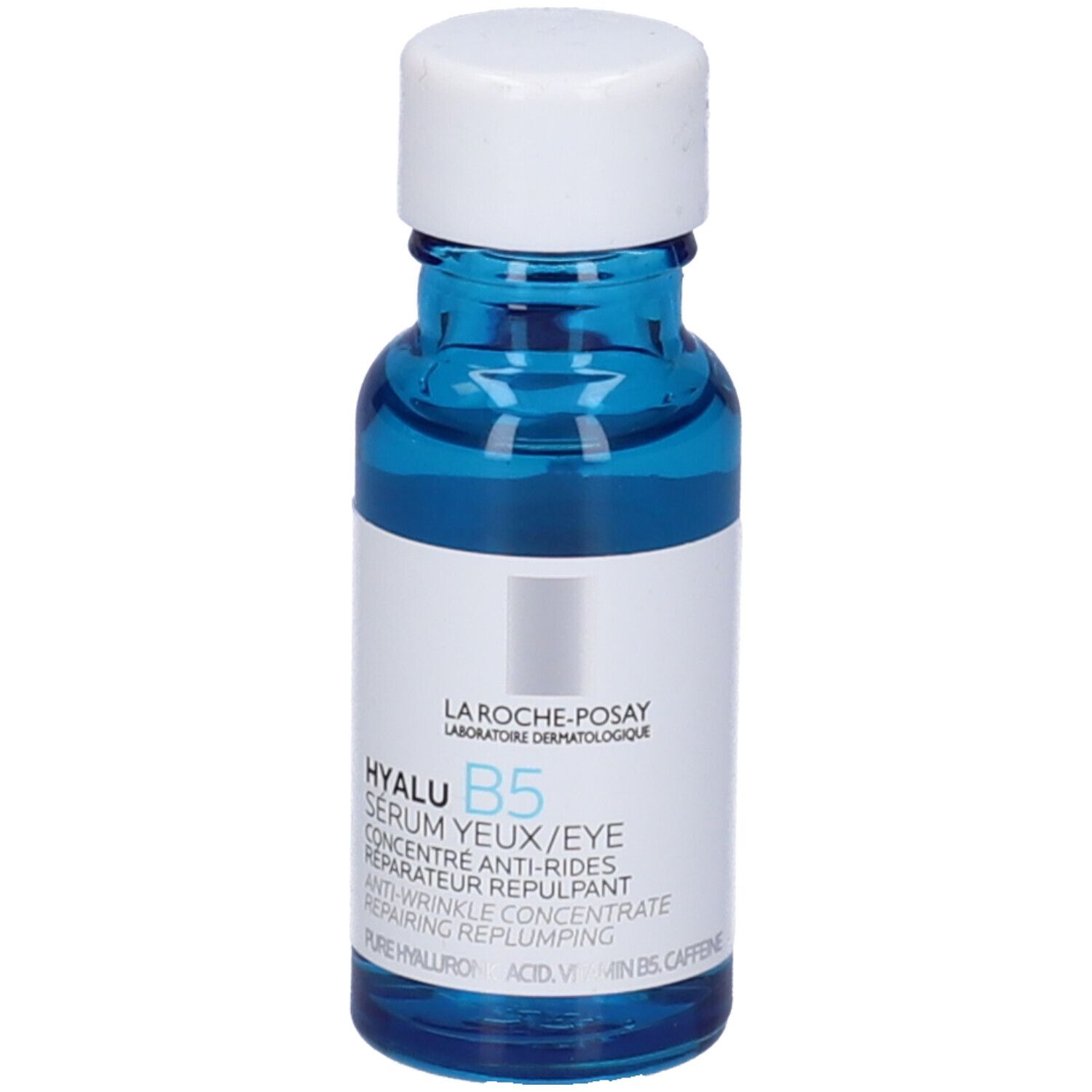 Flacone di vetro blu con tappo bianco. Etichetta con informazioni sul prodotto. Testo: Hyalu B5 Serum Yeux/Eye.