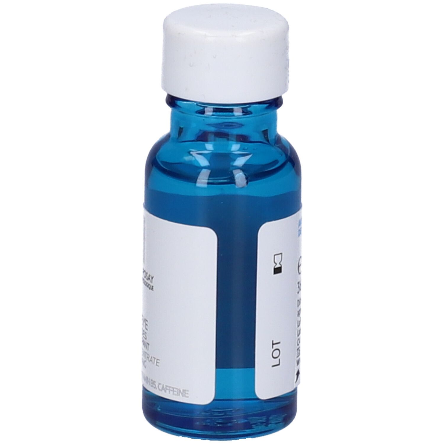 Flacone di vetro blu con tappo bianco. Etichetta con informazioni sul prodotto. Testo: 15 ml/15 g. Fatto in Francia.