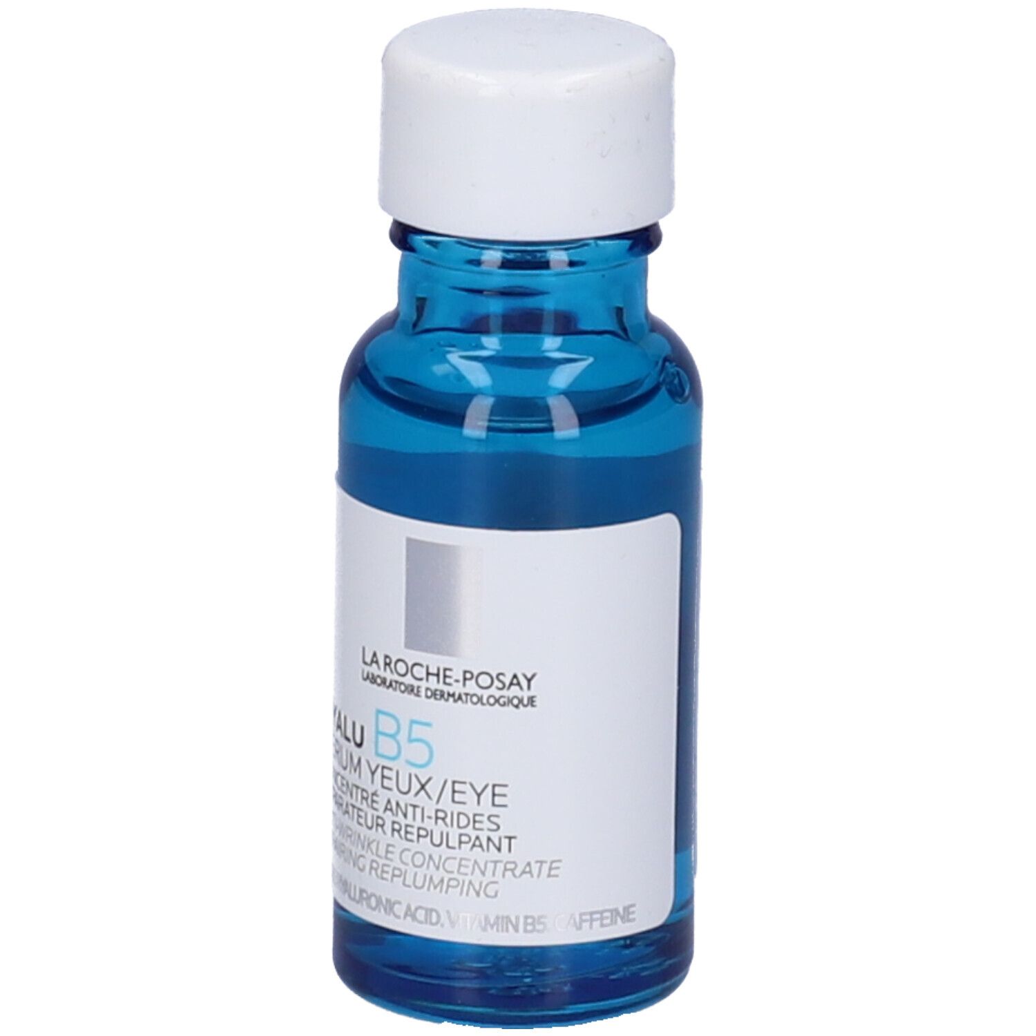 Flacone di vetro blu con tappo bianco. Etichetta con informazioni sul prodotto. Testo: Hyalu B5 Serum Yeux/Eye.