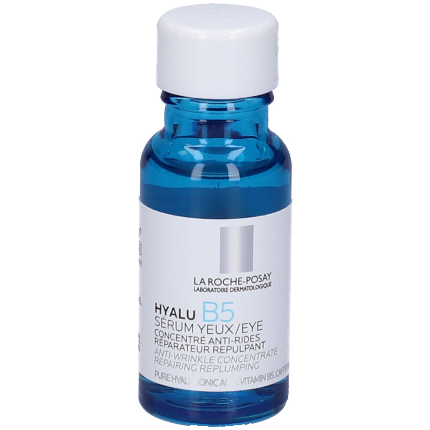 Flacone di vetro blu con tappo bianco. Etichetta con informazioni sul prodotto. Testo: Hyalu B5 Serum Yeux/Eye.