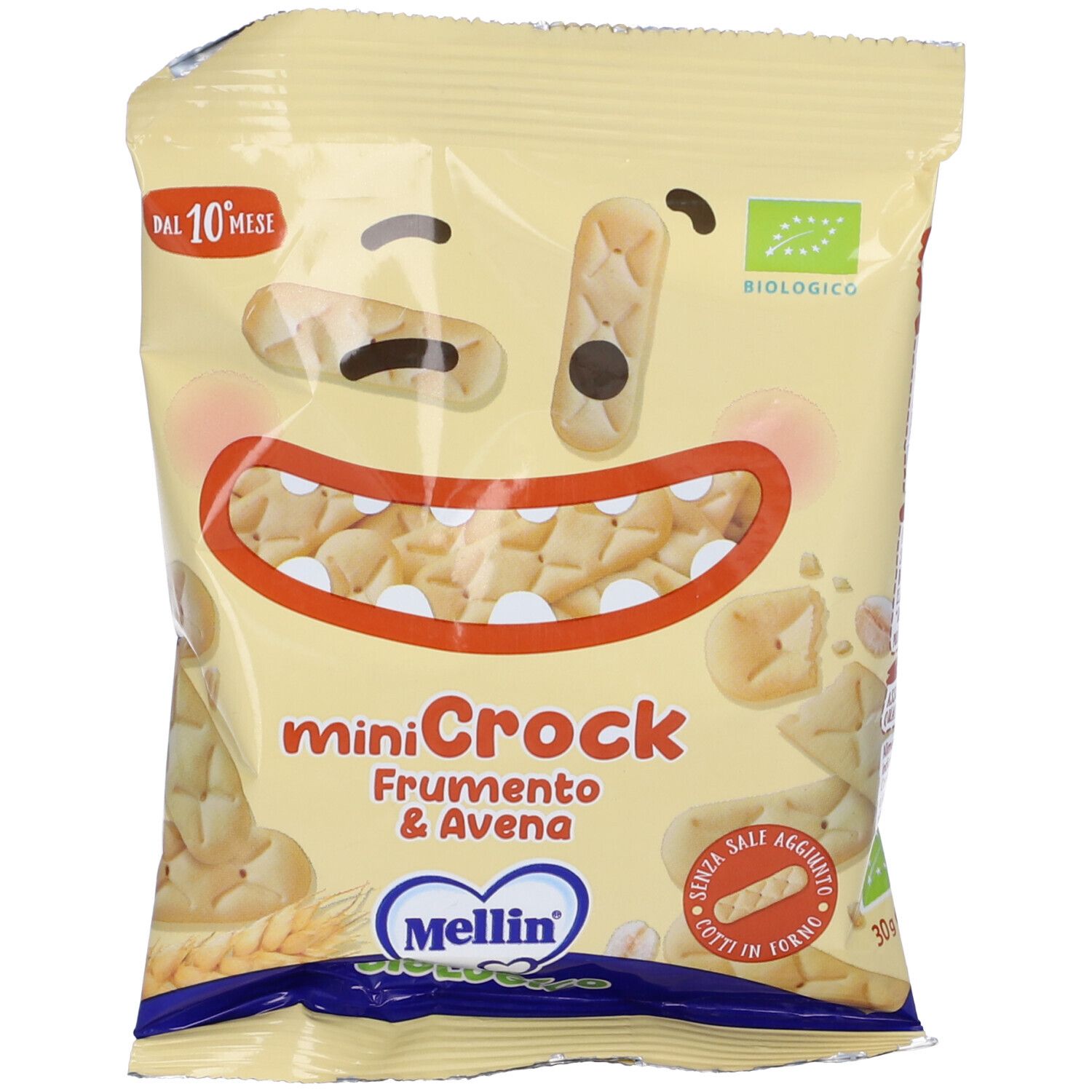 Confezione di "Mellin Minicrock Frumento E Avena". Sacchetto giallo con volto cartoon. Scritte: "Dal 10 Mese", marchio bio.