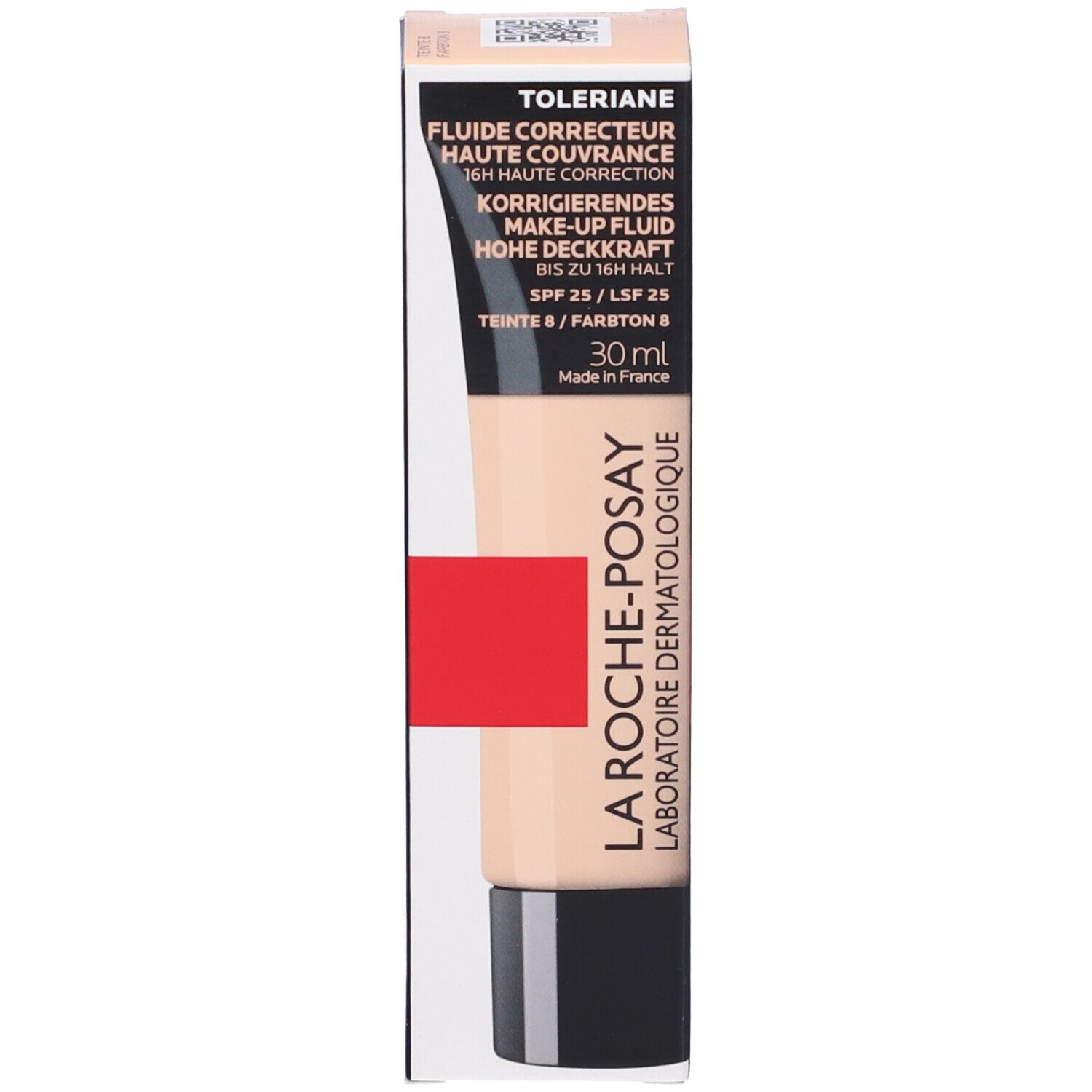 Confezione La Roche-Posay Toleriane. Nome prodotto, dettagli e tubo. Sfondo bianco.