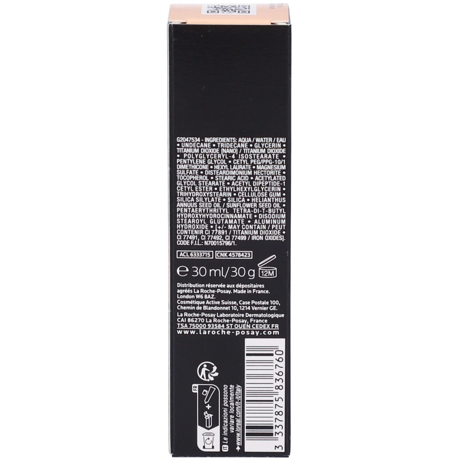 Lato della confezione La Roche-Posay Toleriane. Ingredienti, contatti, simbolo di riciclaggio.