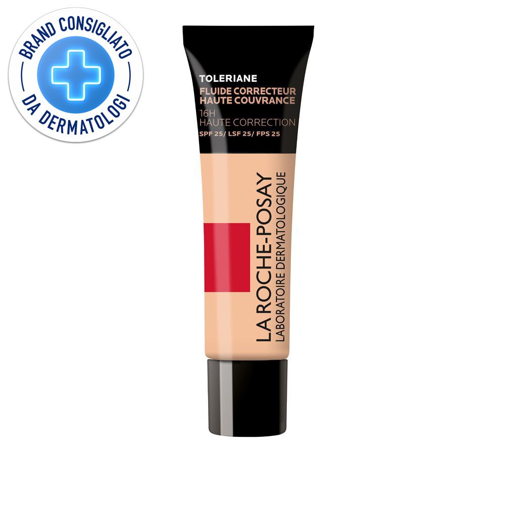 Tubo di La Roche-Posay Toleriane Fondotinta Fluido. Prodotto beige con tappo nero e fascia rossa. Logo dermatologico.