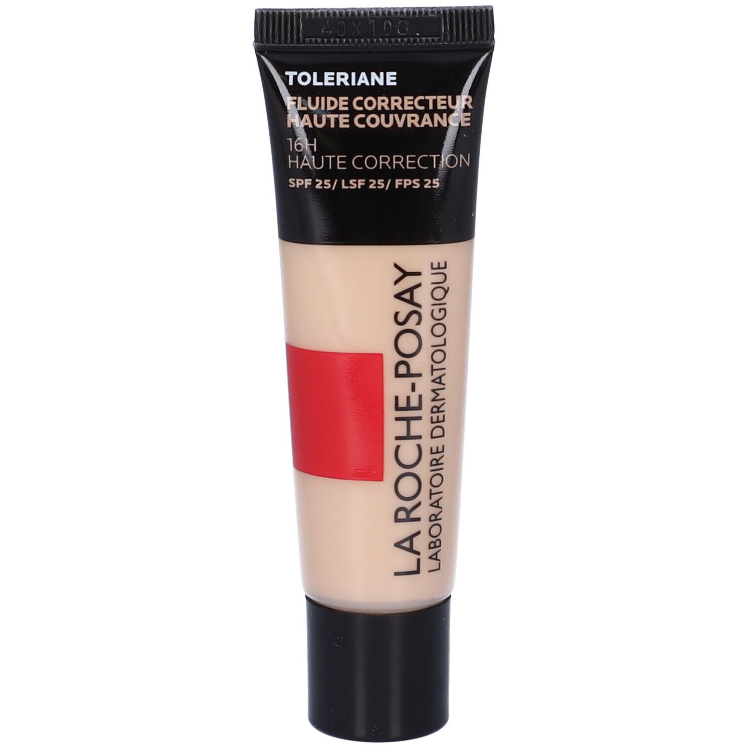 Tubo La Roche-Posay Toleriane Fondotinta Fluido. Prodotto beige, tappo nero, fascia rossa. Testo.