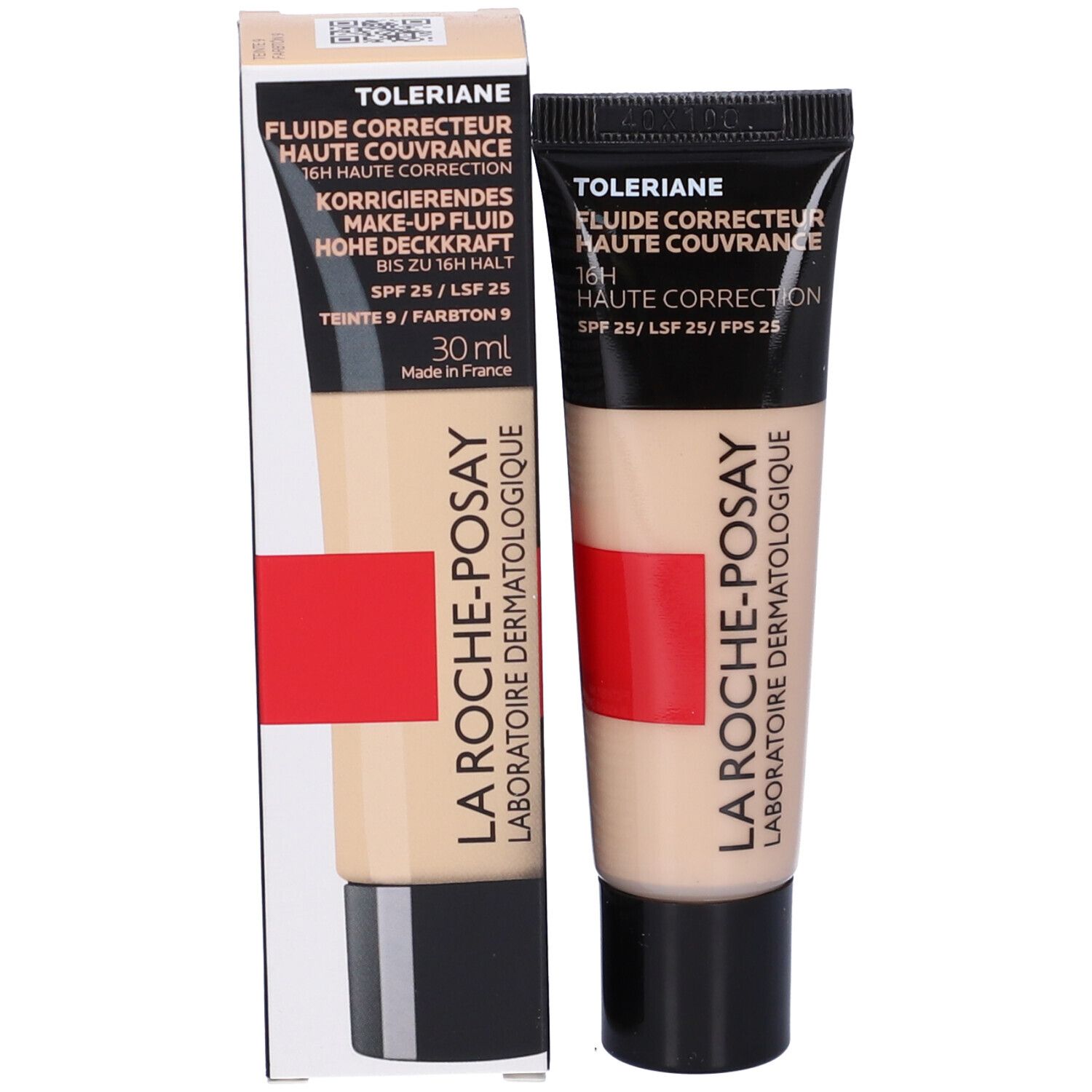 Confezione La Roche-Posay Toleriane Fondotinta Fluido. Testo, immagine prodotto, esempio colore, ingredienti.