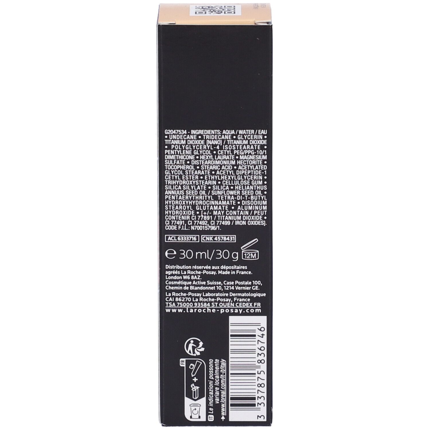 Retro confezione La Roche-Posay Toleriane Fondotinta Fluido. Testo, ingredienti, informazioni produttore.