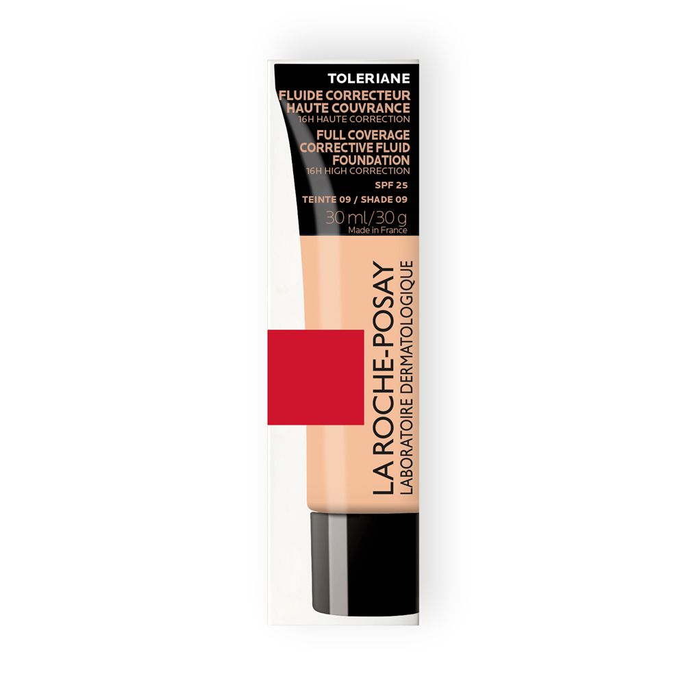 La Roche-Posay Toleriane Fondotinta Fluido nella confezione. Tubo beige con tappo nero e fascia rossa.