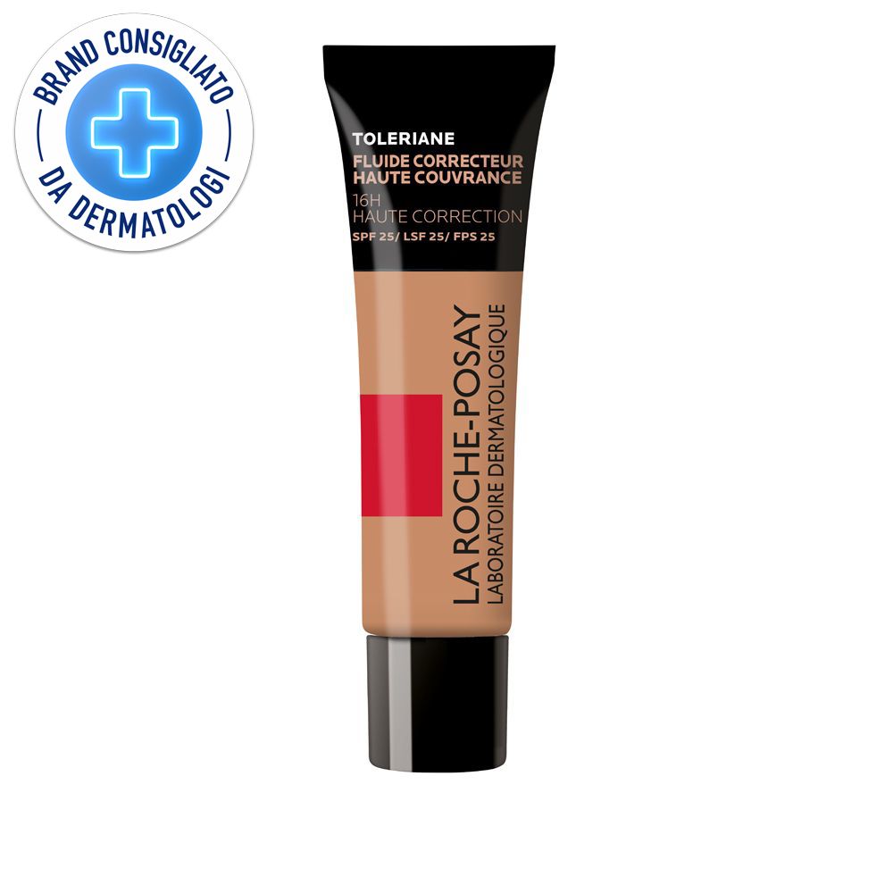 Tubo di fondotinta liquido. Scritta: Toleriane, Haute Couvrance, SPF 25. Logo: Brand Consigliato da Dermatologi.