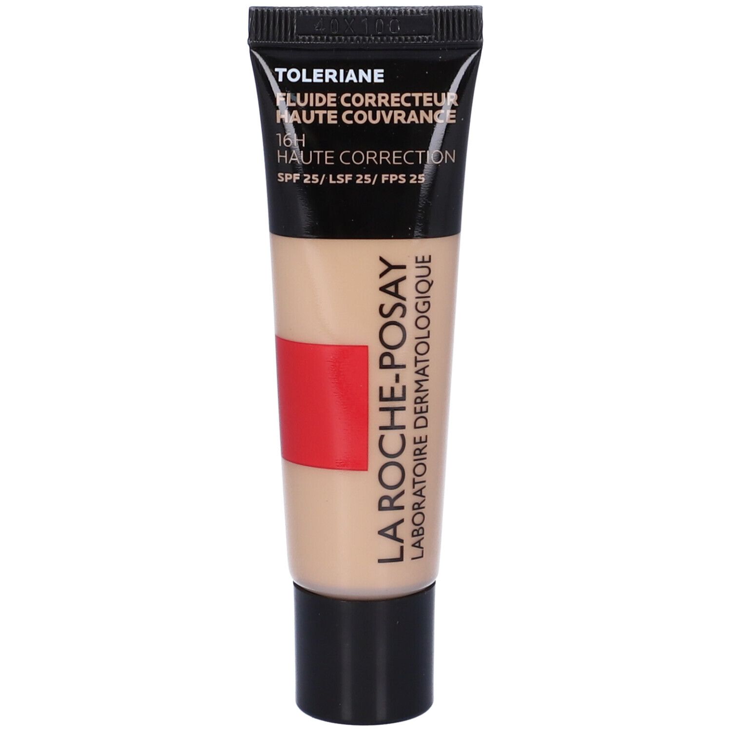 Tubo di fondotinta liquido. Scritta: Toleriane, Haute Couvrance, SPF 25. Tinta 10.5. Tappo nero.
