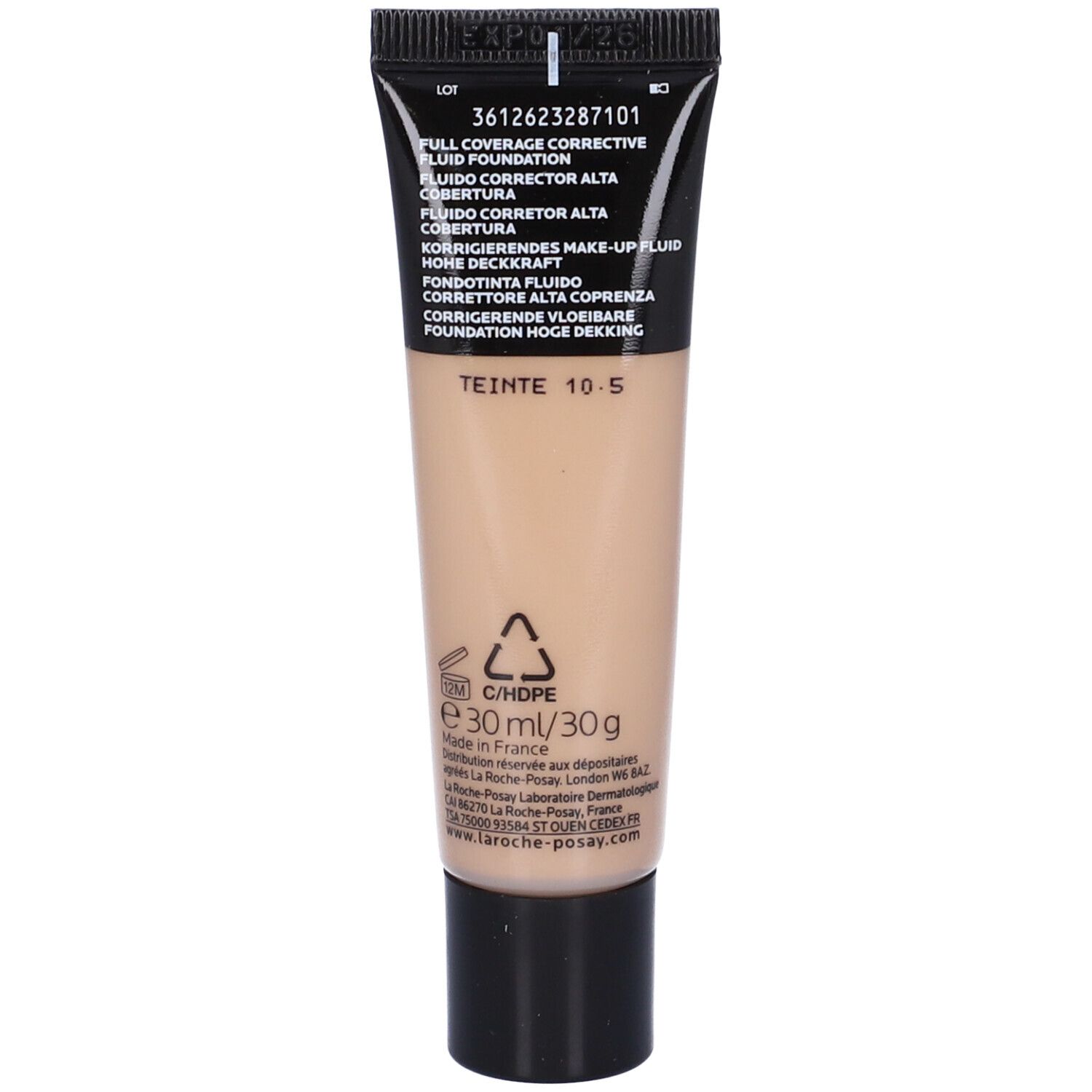Retro del tubo di fondotinta liquido. Scritta: Full Coverage, Fondotinta, 10-5, 30ml/30g. Made in France.