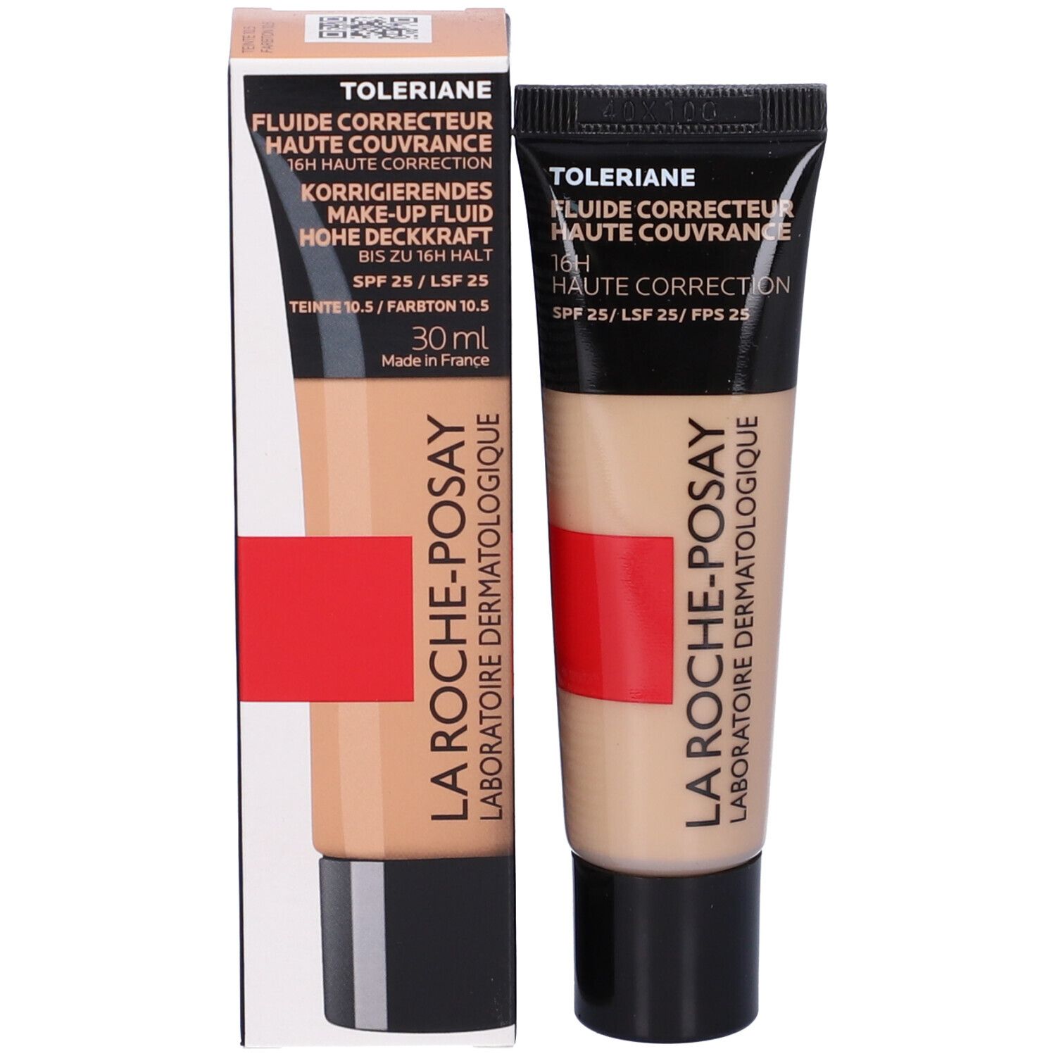 Confezione con tubo di fondotinta liquido. Scritta: Toleriane, Korrigierendes Make-up, 30 ml. Tinta 10.5.