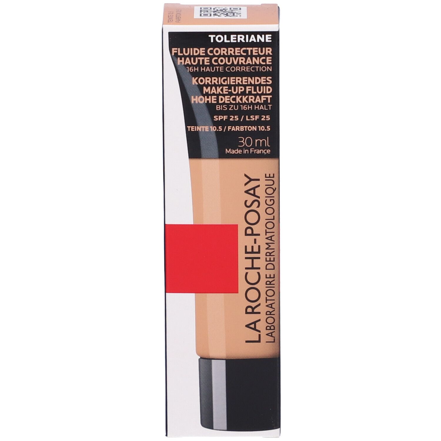 Confezione con tubo di fondotinta liquido. Scritta: Toleriane, Korrigierendes Make-up, 30 ml. Tinta 10.5. Made in France.
