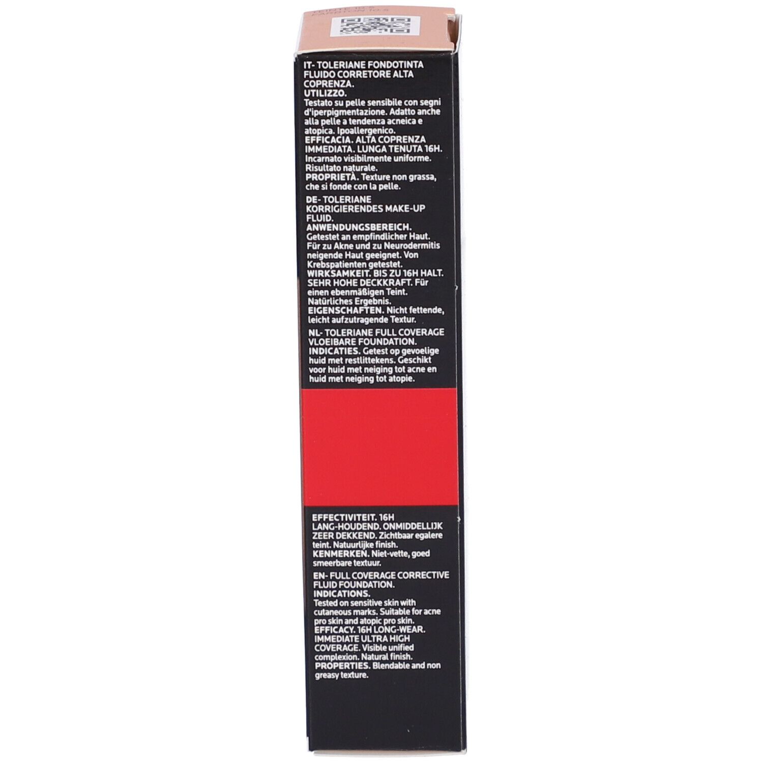 Lato della confezione con fondotinta liquido. Descrizione del prodotto, ingredienti, informazioni sull'applicazione.