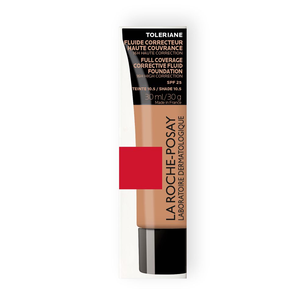 Tubo di fondotinta liquido. Scritta: Toleriane, Haute Couvrance, Full Coverage. Tinta 10.5. 30ml/30g. Made in France.