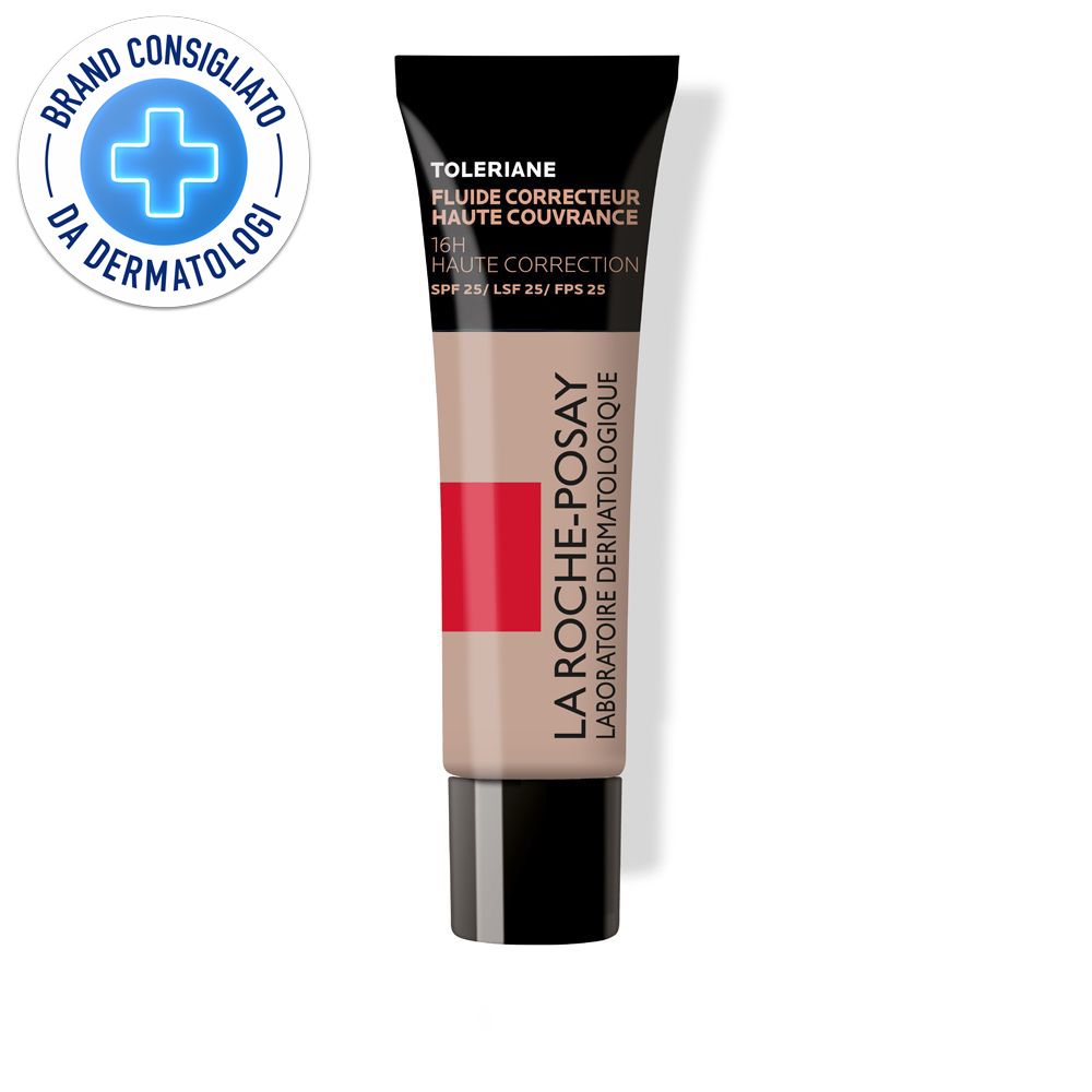 Tubo La Roche-Posay Toleriane Fondotinta Fluido. Contenuto beige, striscia rossa, tappo nero. Logo: Brand Consigliato da Dermatologi.