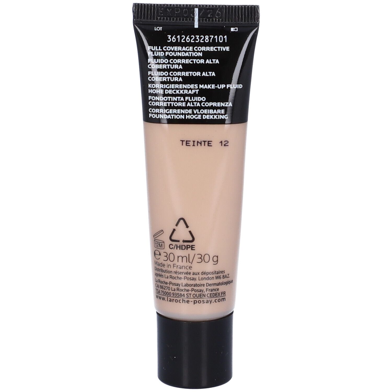 Retro del tubo La Roche-Posay Toleriane Fluido. Testo multilingue. Tinta 12. Contenuto: 30ml/30g.
