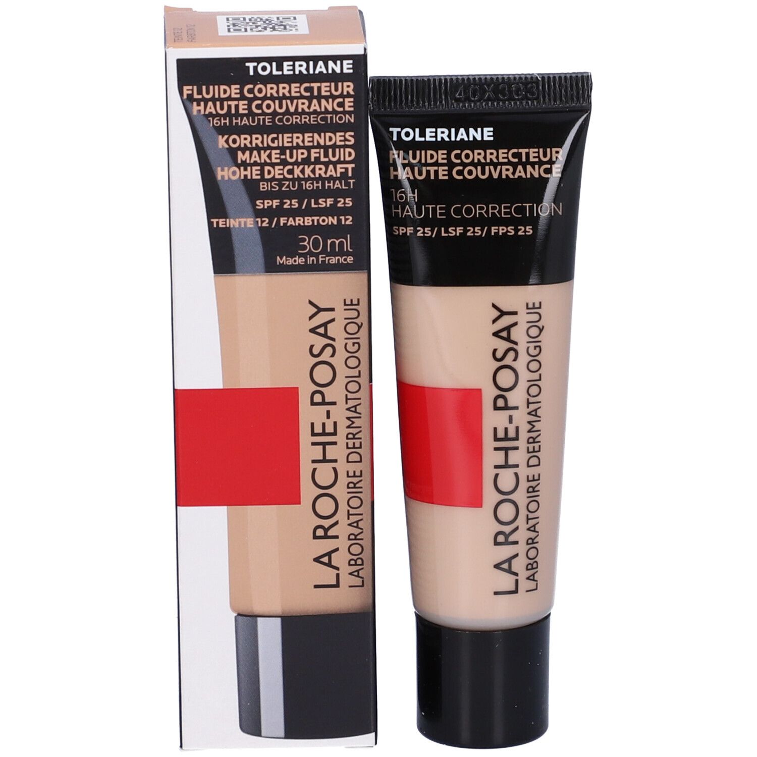 La Roche-Posay Toleriane Fluido e confezione. Tubo e scatola con informazioni prodotto. Striscia rossa, 30 ml.