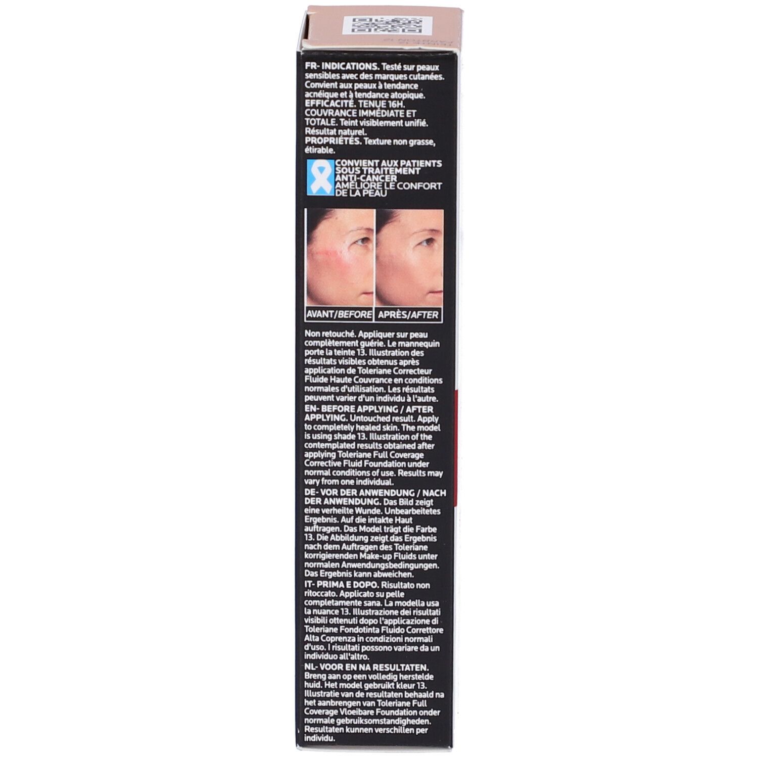 Confezione La Roche-Posay Toleriane Fluido. Fronte e retro con informazioni prodotto. Immagini prima/dopo.
