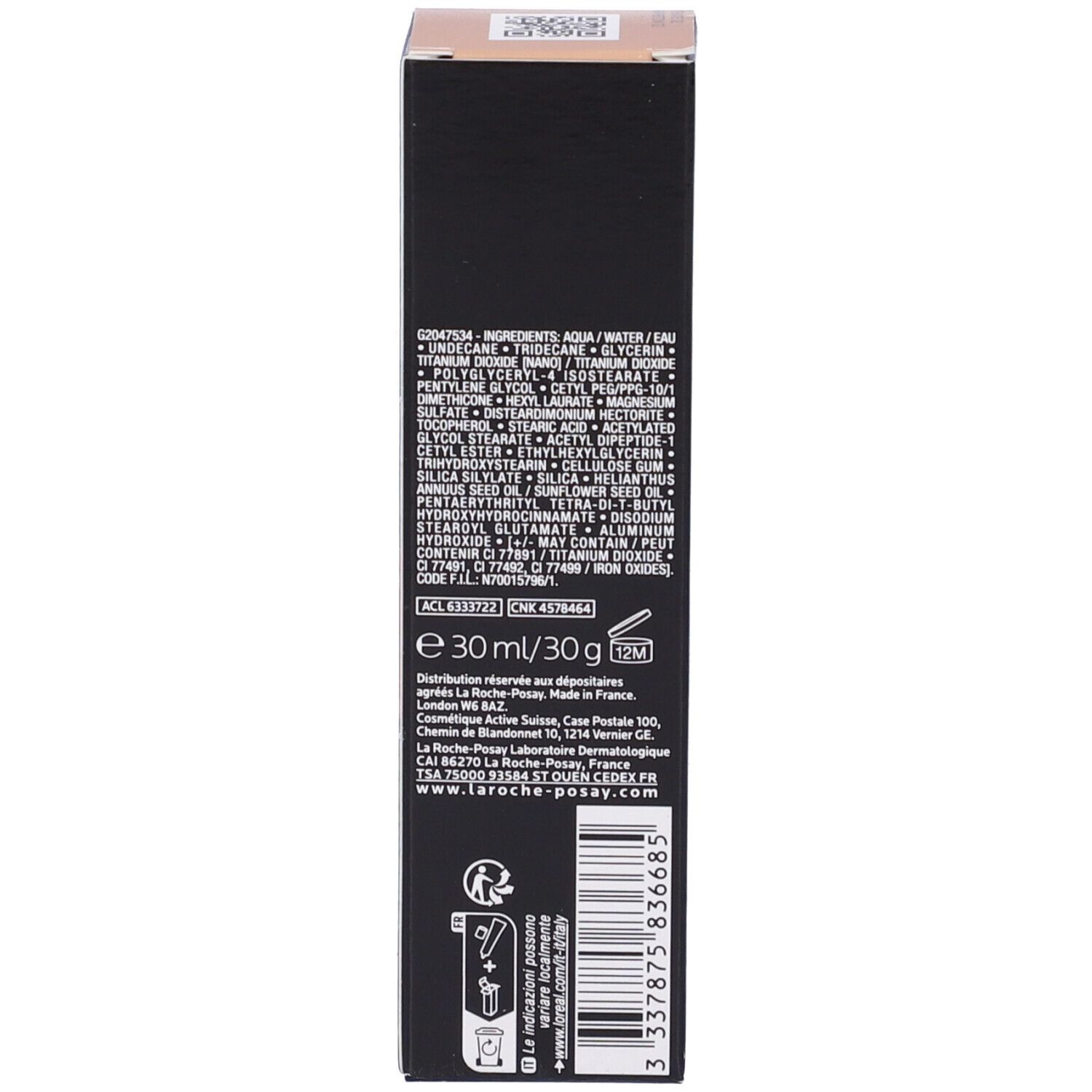 Retro confezione La Roche-Posay Toleriane Fluido. Ingredienti, informazioni produttore, codice a barre, 30 ml.