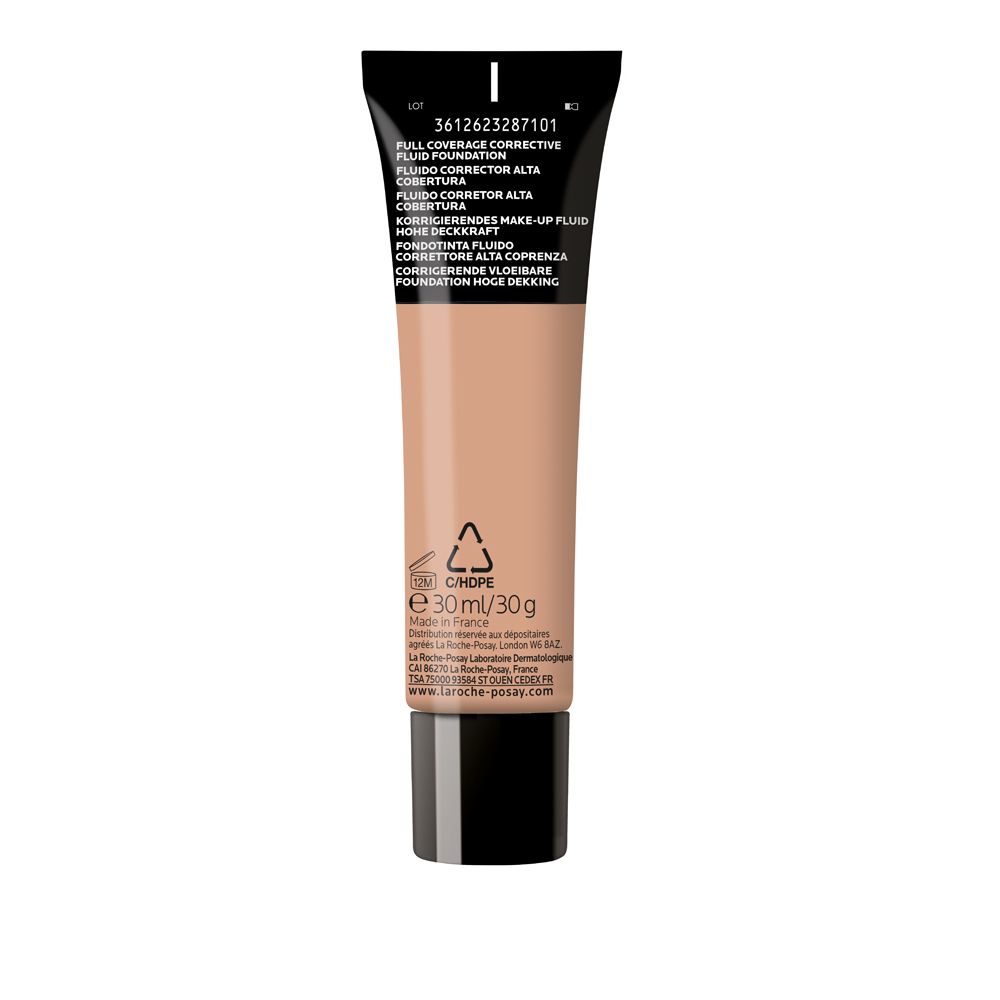 Retro del tubo La Roche-Posay Toleriane Fluido. Testo multilingue. Simbolo di riciclaggio. Contenuto: 30ml/30g.
