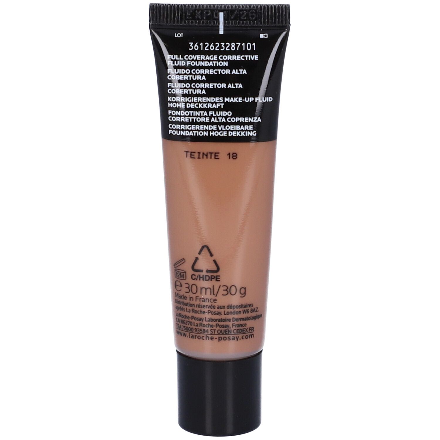 Retro del tubo di fondotinta. Scritta: Toleriane, Full Coverage, 30ml/30g. Simbolo di riciclaggio.