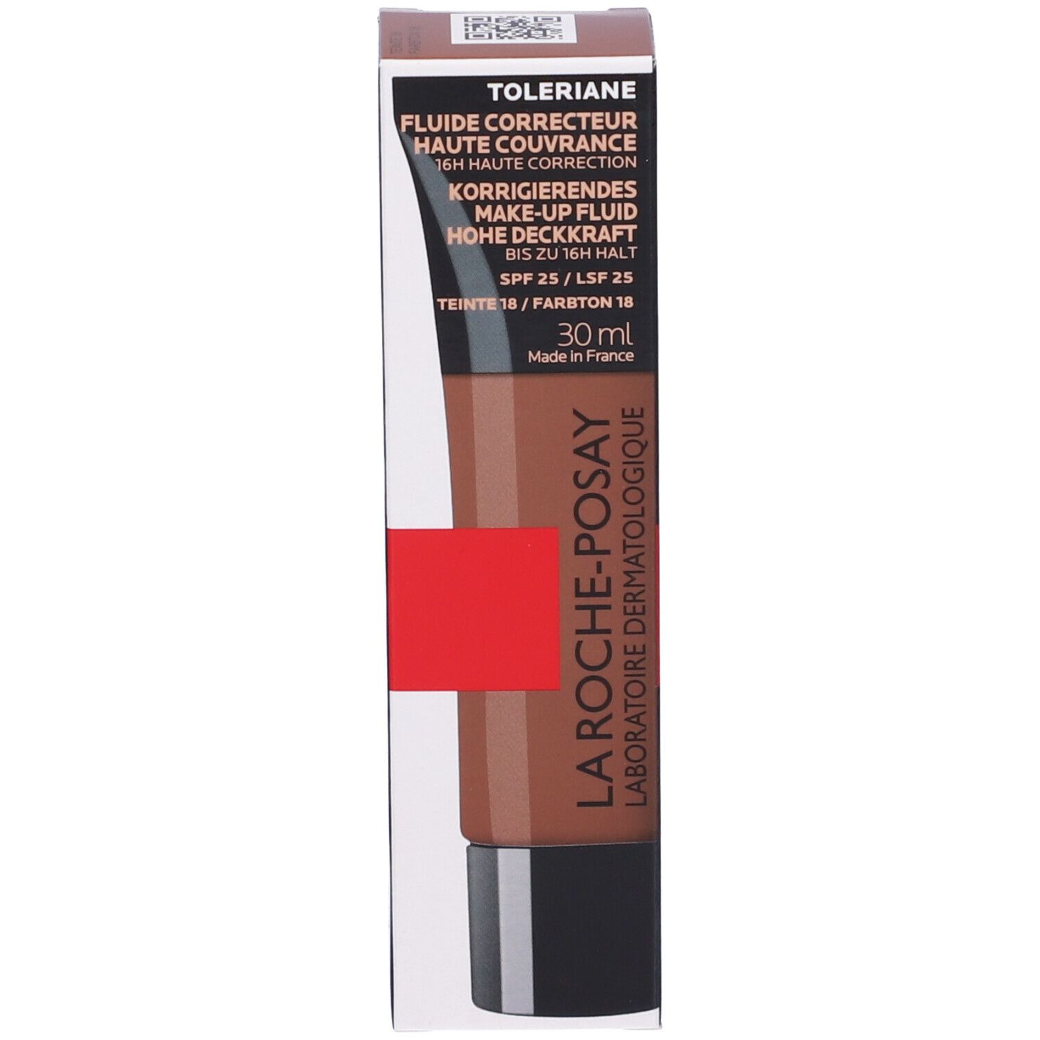 Confezione con tubo di fondotinta. Scritta: Toleriane, 30 ml. Tonalità 18. Striscia rossa.