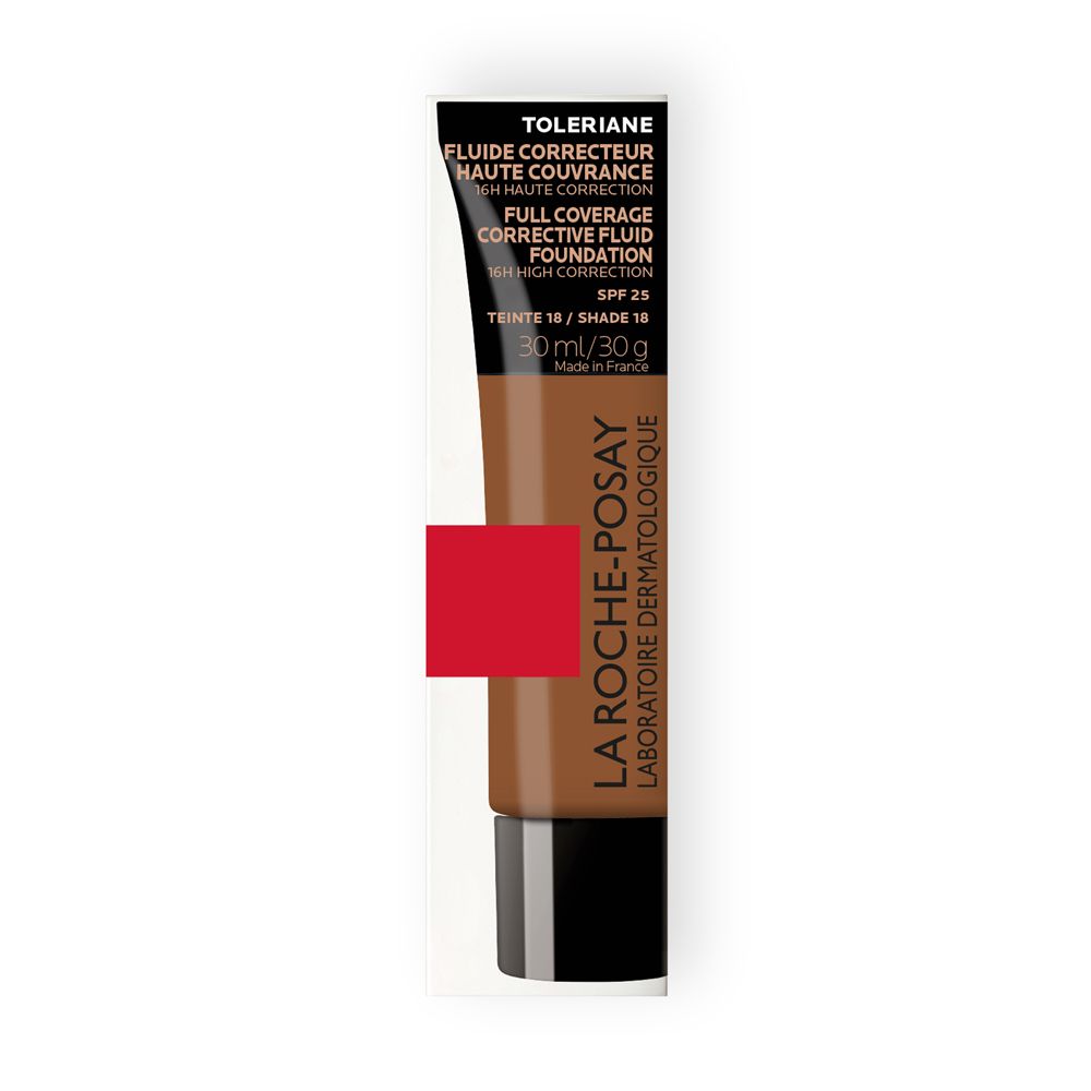 Tubo in confezione. Fondotinta marrone con striscia rossa. Scritta: Toleriane, Full Coverage, SPF 25, 30ml.