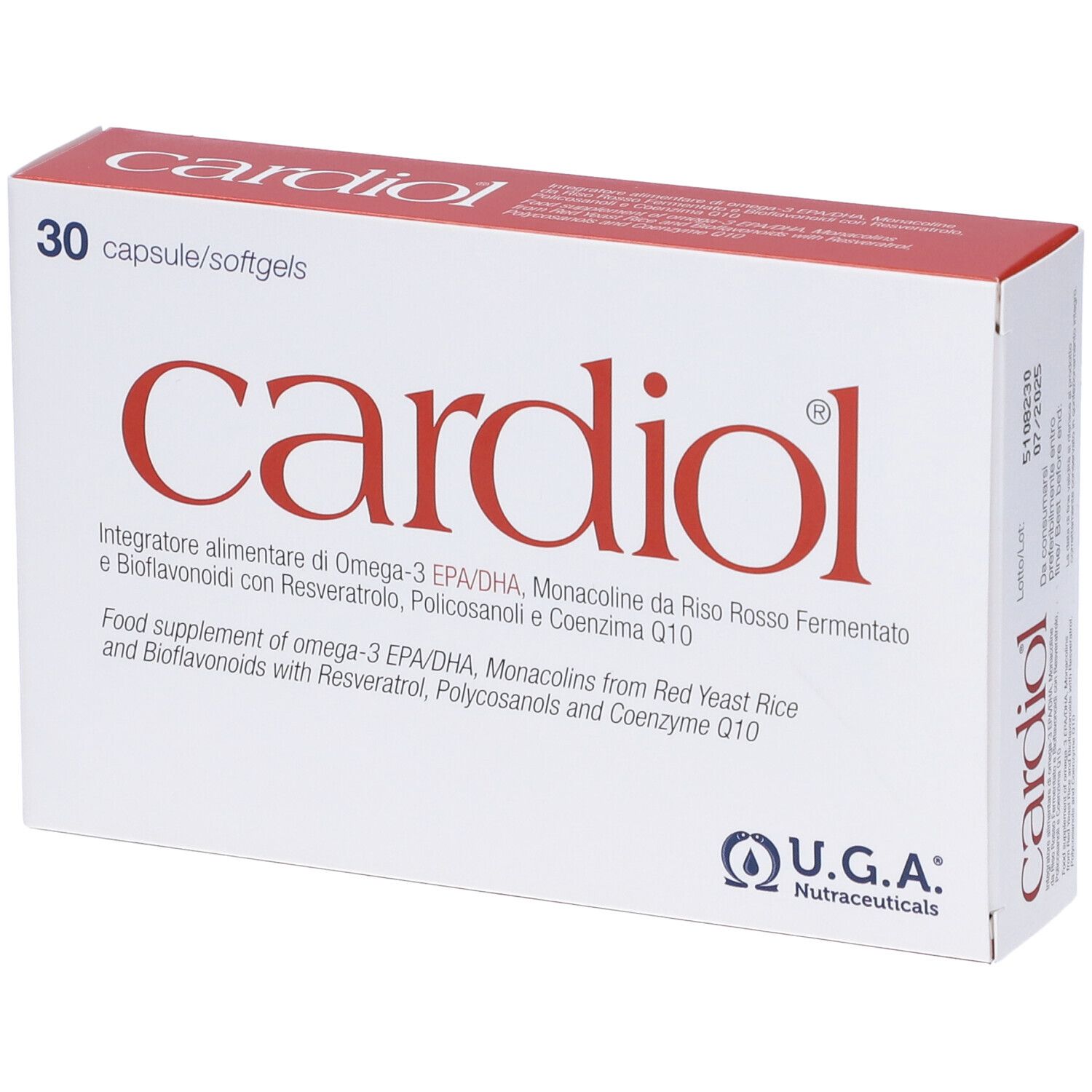 Scatola con parte superiore rossa e "cardiol" in rosso. Testo sotto. Logo U.G.A. Nutraceuticals.