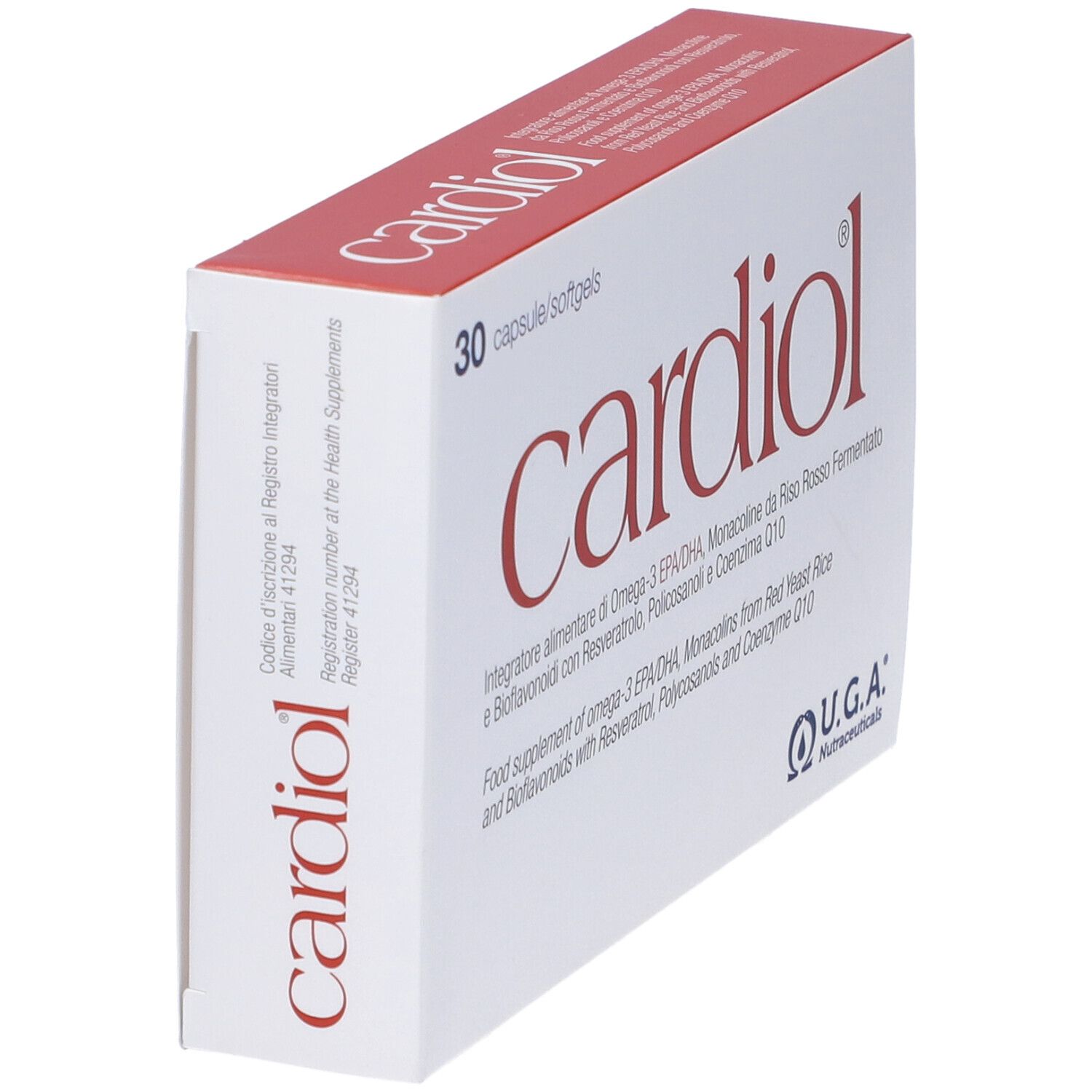 Scatola con parte superiore rossa e "cardiol" in rosso. Testo sotto. Logo U.G.A. Nutraceuticals.