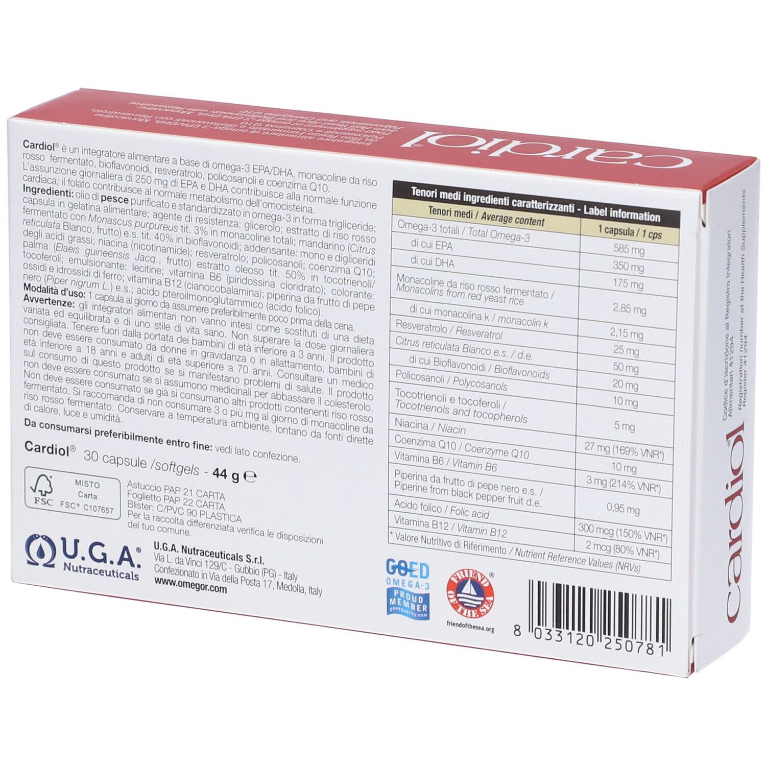 Retro della scatola "cardiol". Contiene informazioni sugli ingredienti e i valori nutrizionali. Logo U.G.A. e certificazioni.