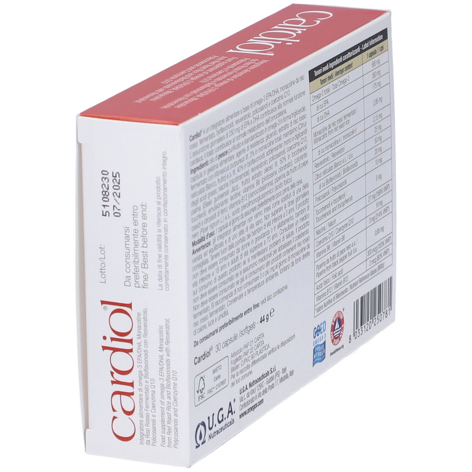 Scatola con parte superiore rossa e "cardiol" in rosso. Testo e logo U.G.A. Nutraceuticals. Data di scadenza.