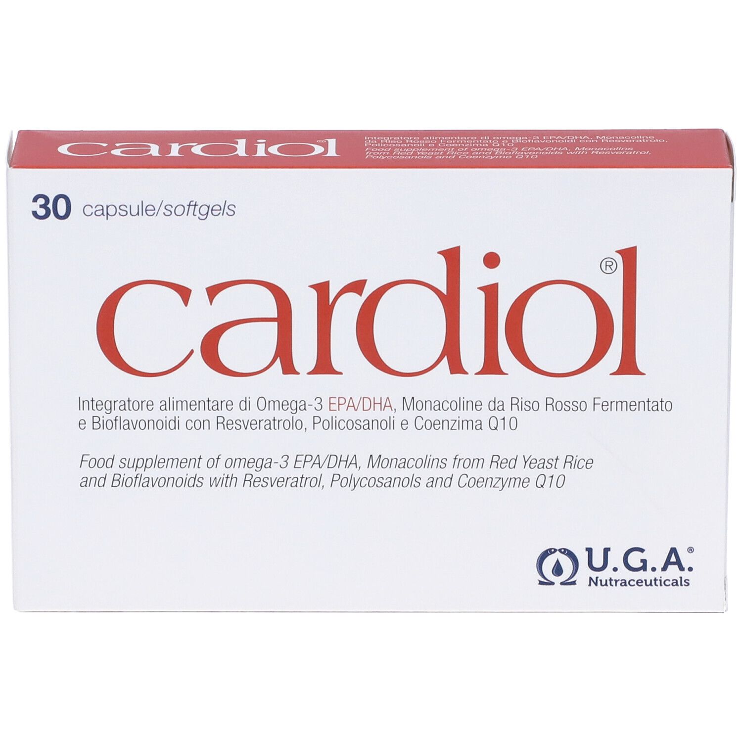 Scatola bianca con scritta rossa "cardiol" e "30 capsule/softgels". Logo U.G.A. Nutraceuticals.