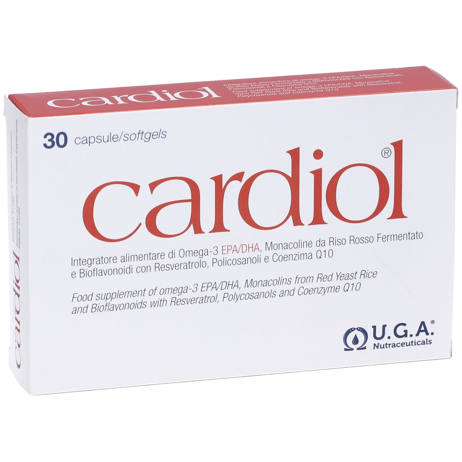 Scatola bianca con scritta rossa "cardiol" e "30 capsule/softgels". Logo U.G.A. Nutraceuticals.