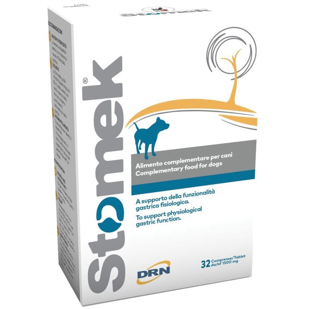 Scatola di Stomek 32 compresse per cani. Scritto: Alimento complementare per cani. Logo DRN.