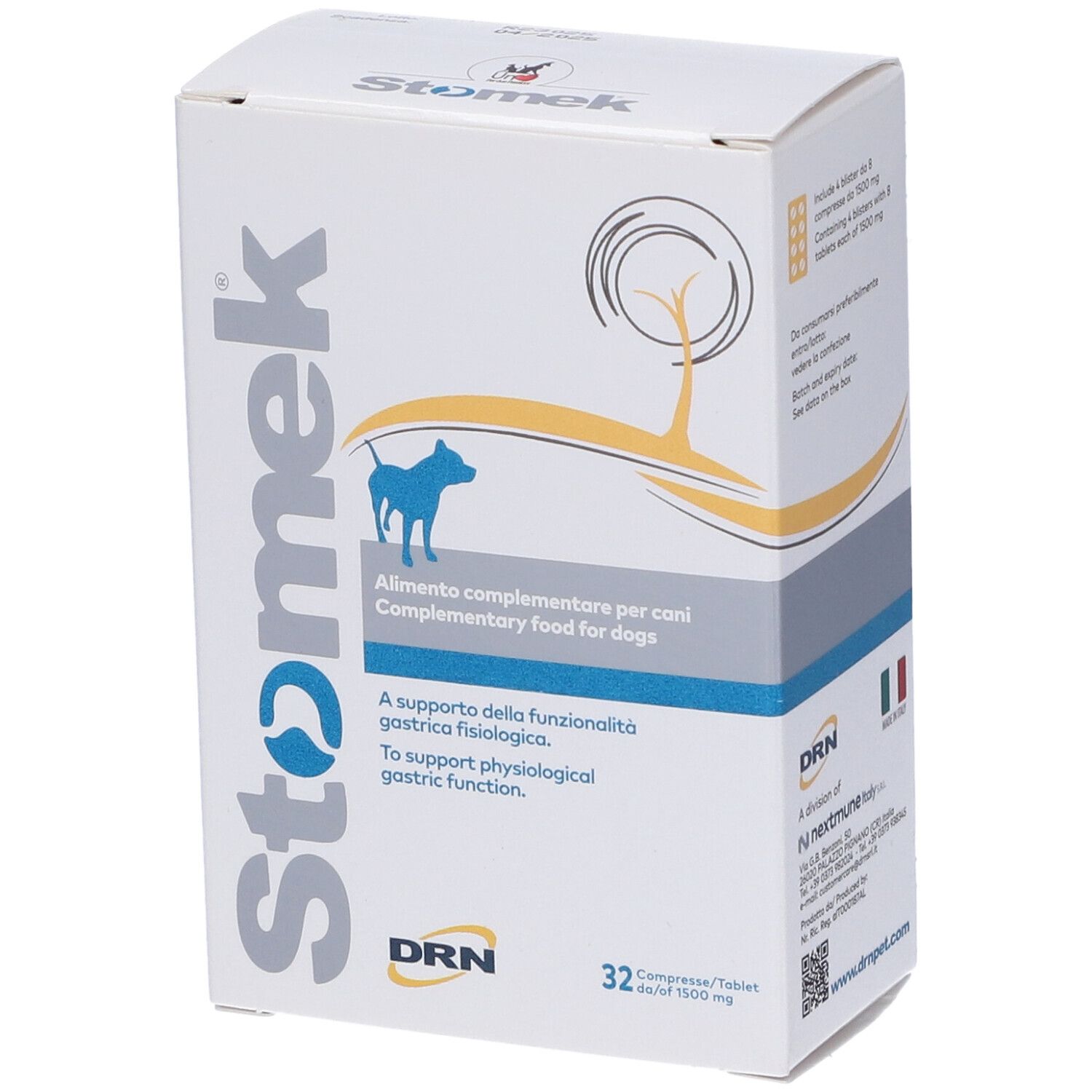Scatola Stomek 32 compresse per cani. Testo: Alimento complementare per cani. Logo DRN. Contiene informazioni.