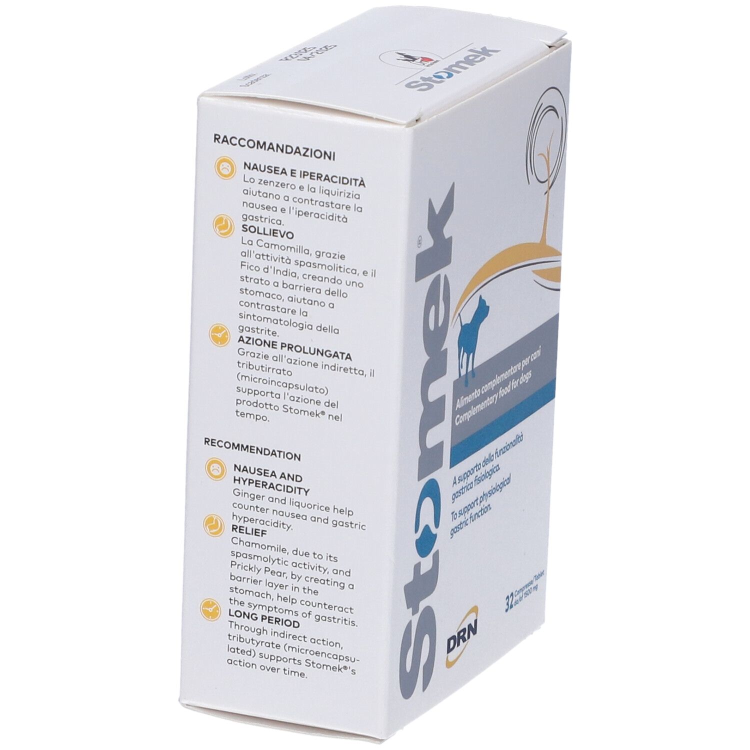 Scatola Stomek 32 compresse per cani. Sul lato: raccomandazioni, ingredienti, composizione, modalità d'uso.
